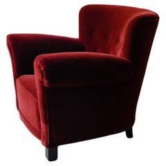 Vintage Mid 19th Century Velvet Lounge Chair From Denmark, Circa 1950