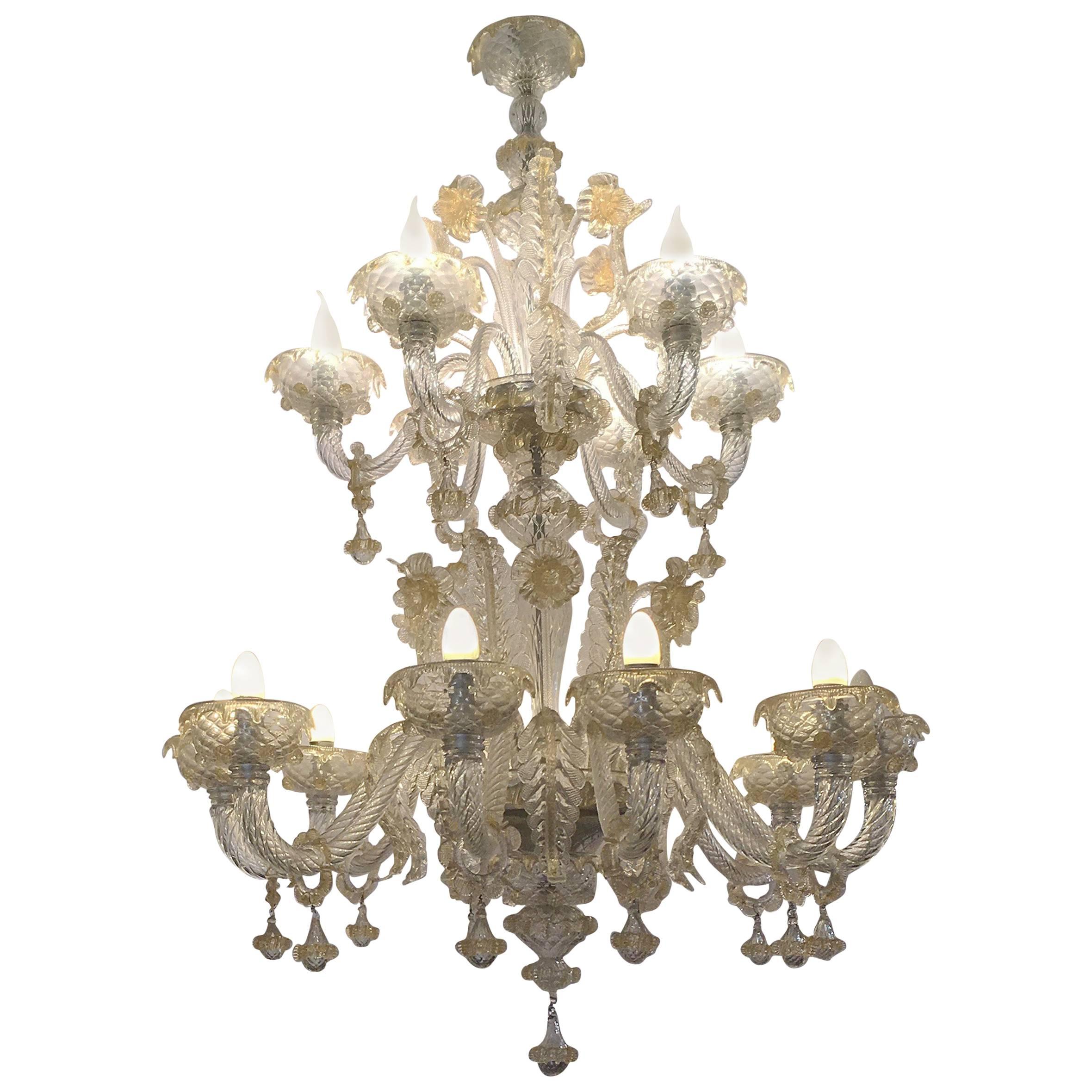 Mid-19th Century Venetian Murano Clear and Gilt Crystal Sixteen-Light Chandelier For Sale