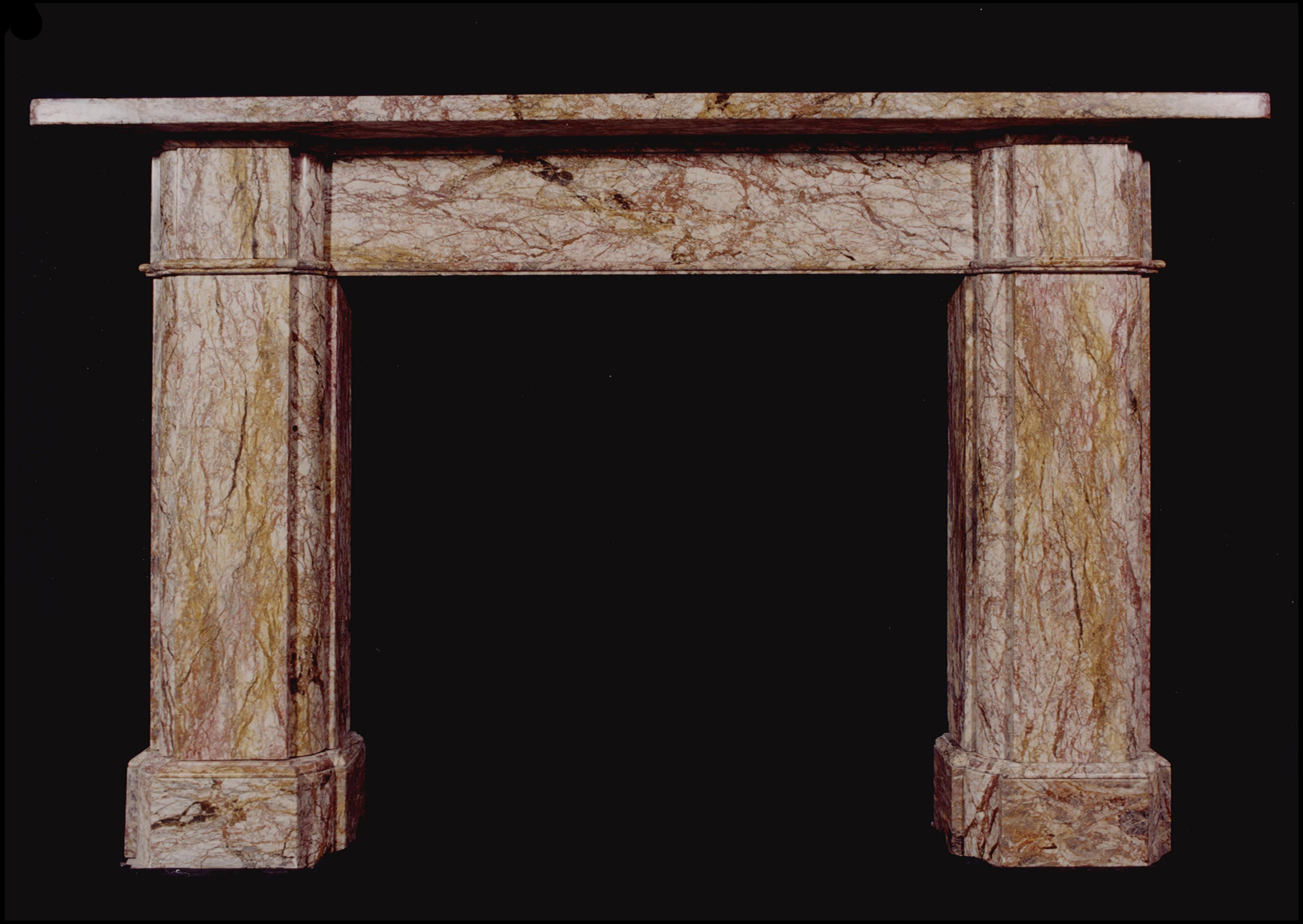A mid-19th century coloured marble Victorian architectural fireplace with plain moulded frieze and jambs.

Measures: 
Shelf Width:	1880 mm      	74 in
Overall Height:	1230 mm      	48 3/8 in
Opening Height:	970 mm      	38 1/4 in
Opening Width:	1030