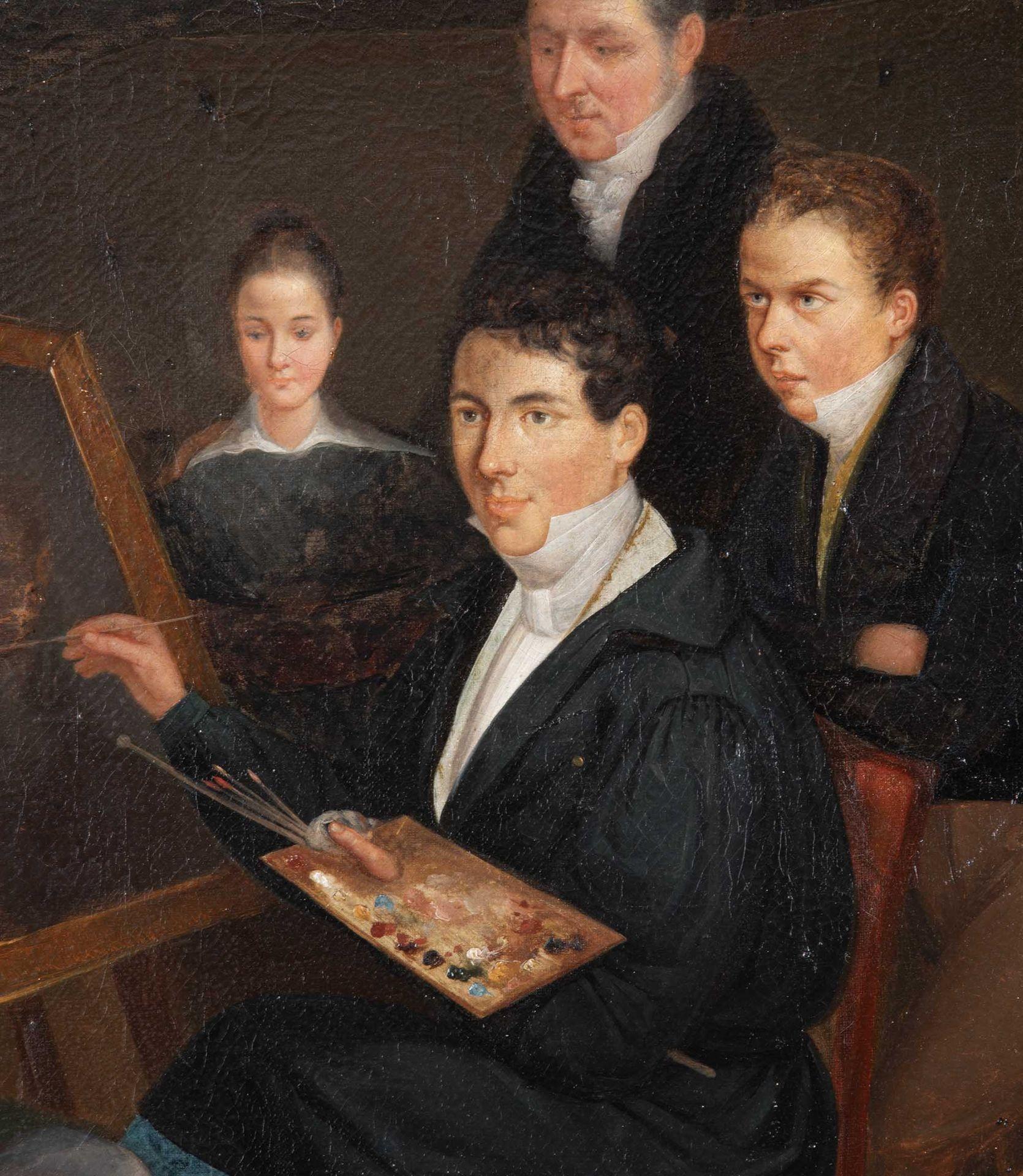 Estudio académico victoriano de mediados del siglo XIX sobre artistas trabajando. En un marco de madera dorada de época. Alrededor de 1840.