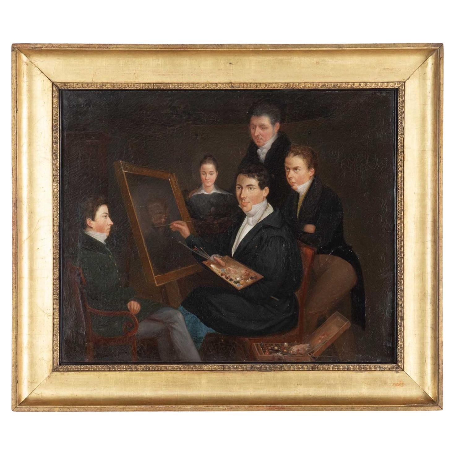 Óleo sobre lienzo victoriano de mediados del siglo XIX Estudio académico de artistas trabajando en venta