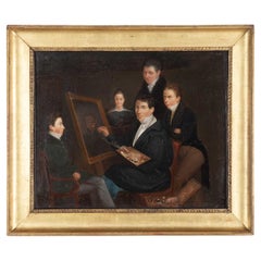 Óleo sobre lienzo victoriano de mediados del siglo XIX Estudio académico de artistas trabajando