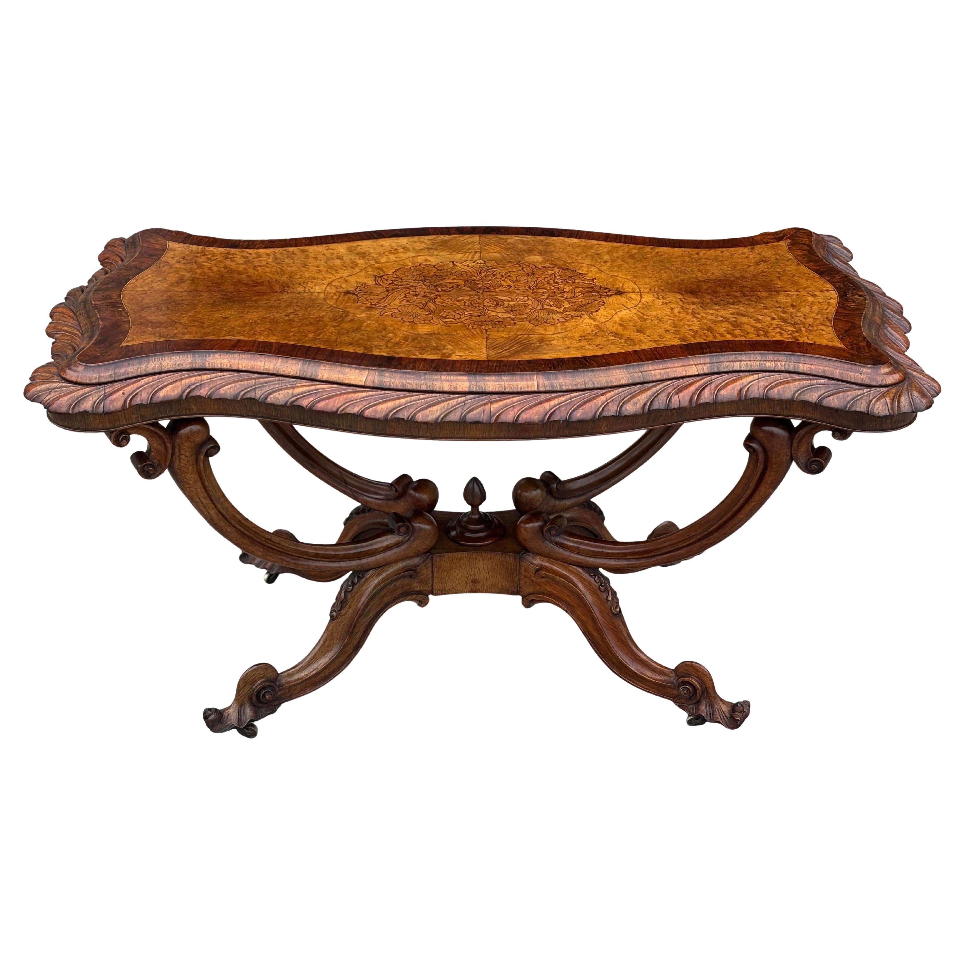Mid 19th Century Victorian Period Burr Walnut Carved Centre Table For Sale