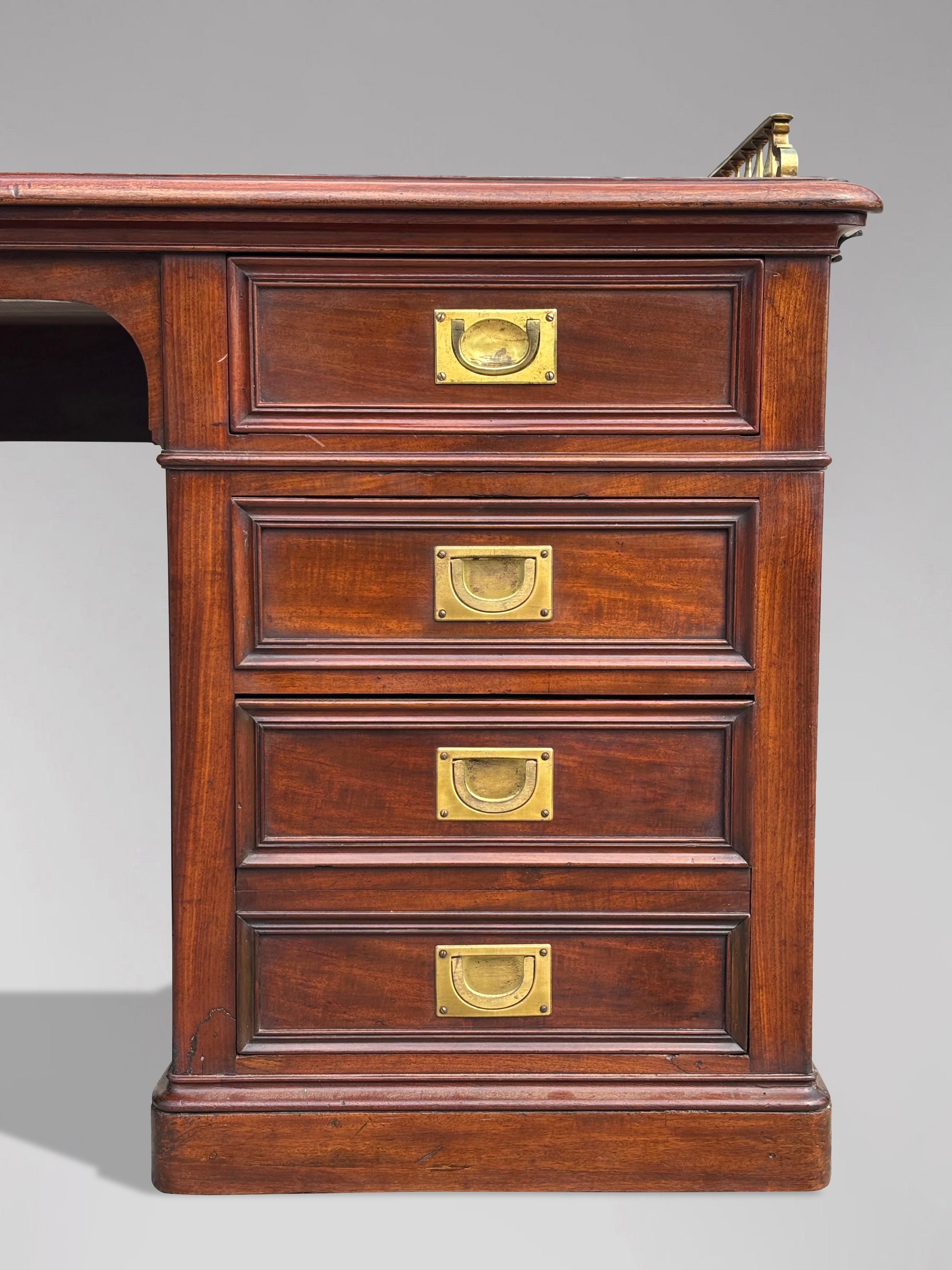 Brass Mid 19th Century Victorian Period Mahogany & Leather Campaign Desk For Sale