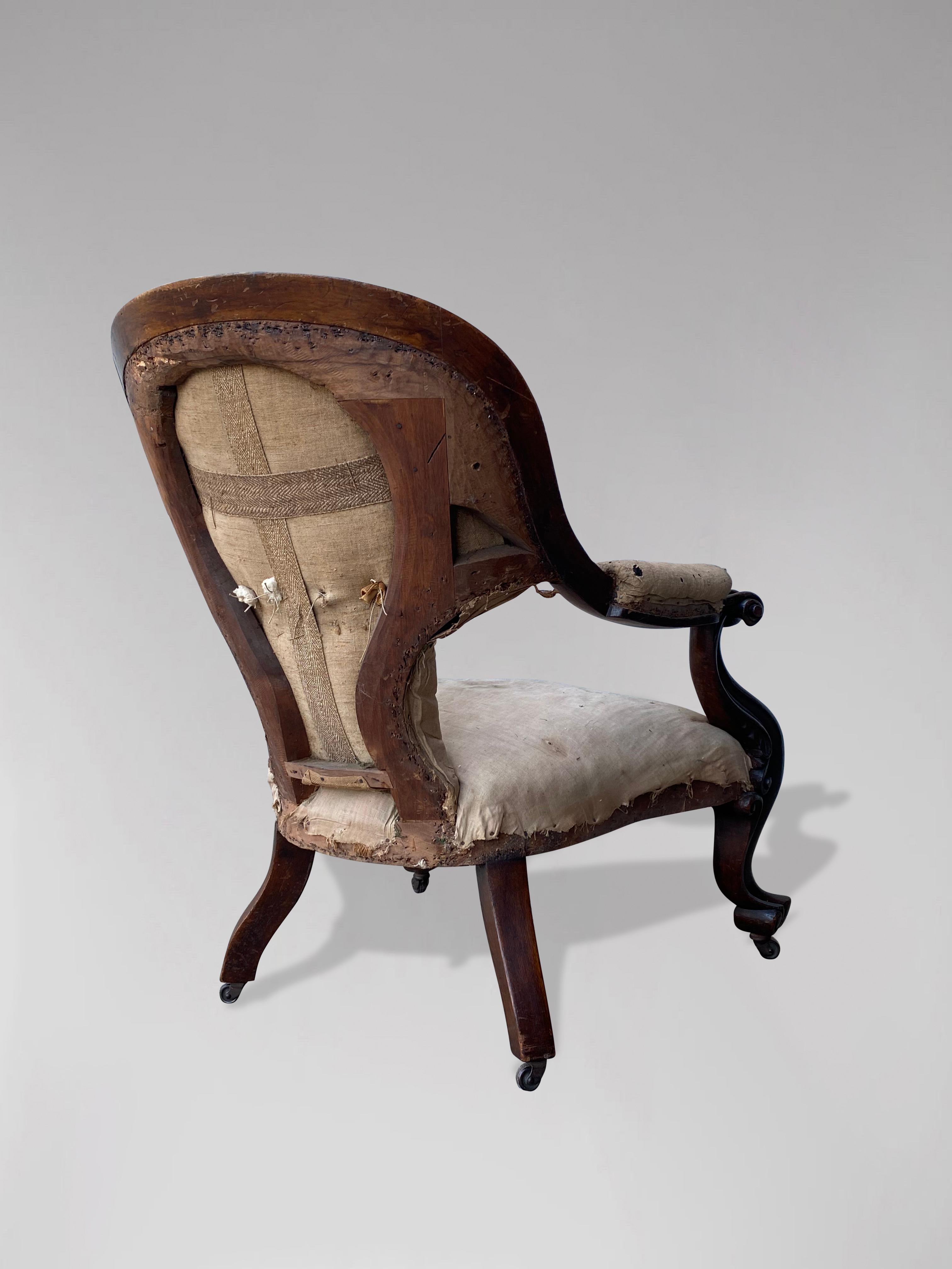 Hand-Carved Mid 19th Century Victorian Period Mahogany Open Armchair