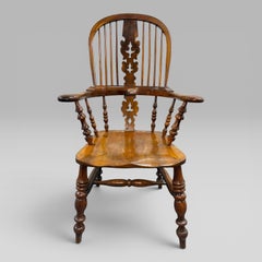 Mid-19th Century Victorian Yew Wood & Elm High-Back Windsor Armchair