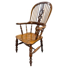 Mid-19th Century Victorian Yew Wood & Elm High-Back Windsor Armchair