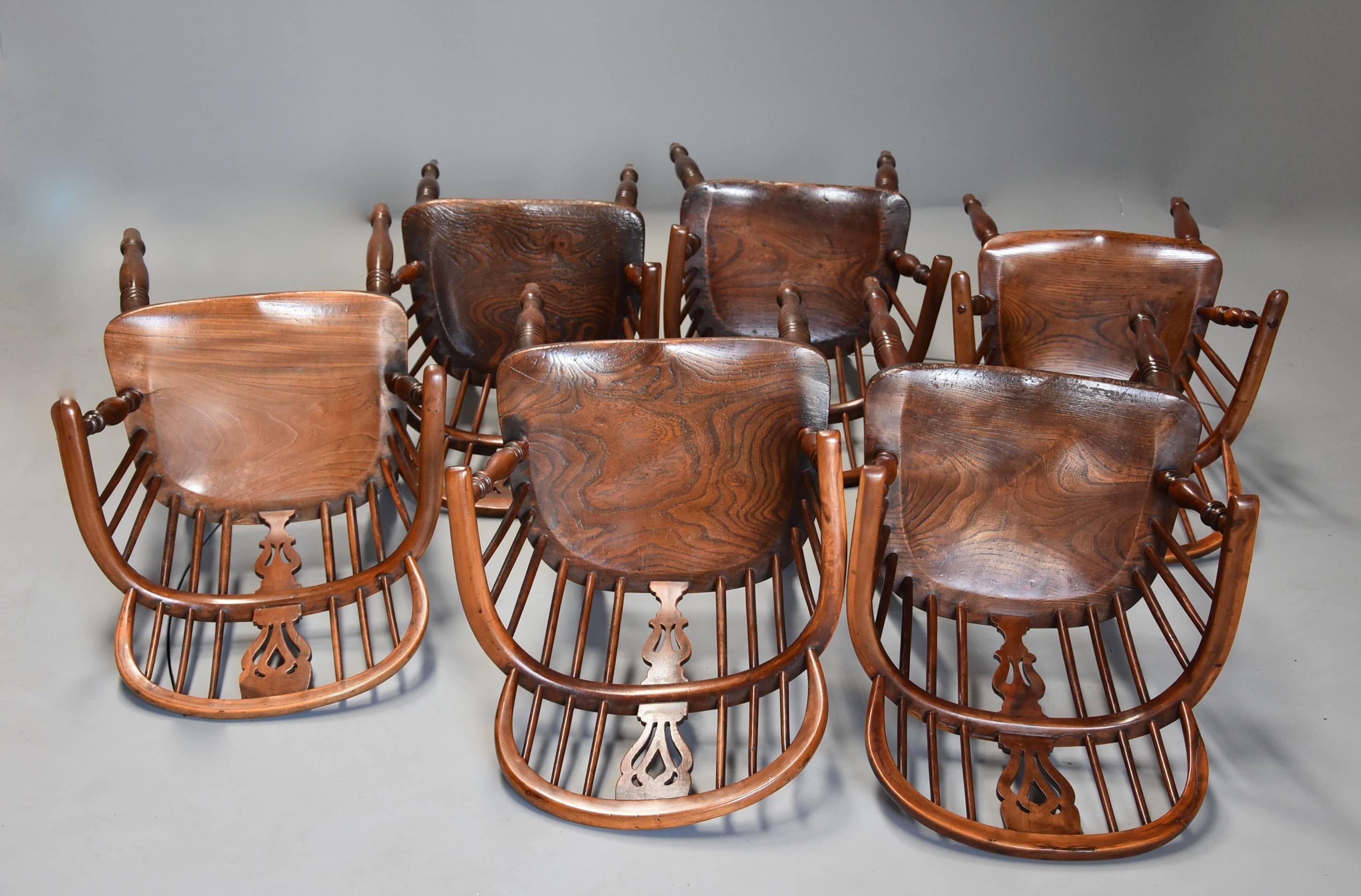 Mid-19th Century Well Matched Set of Six Yew Wood Low Back Windsor Armchairs For Sale 4