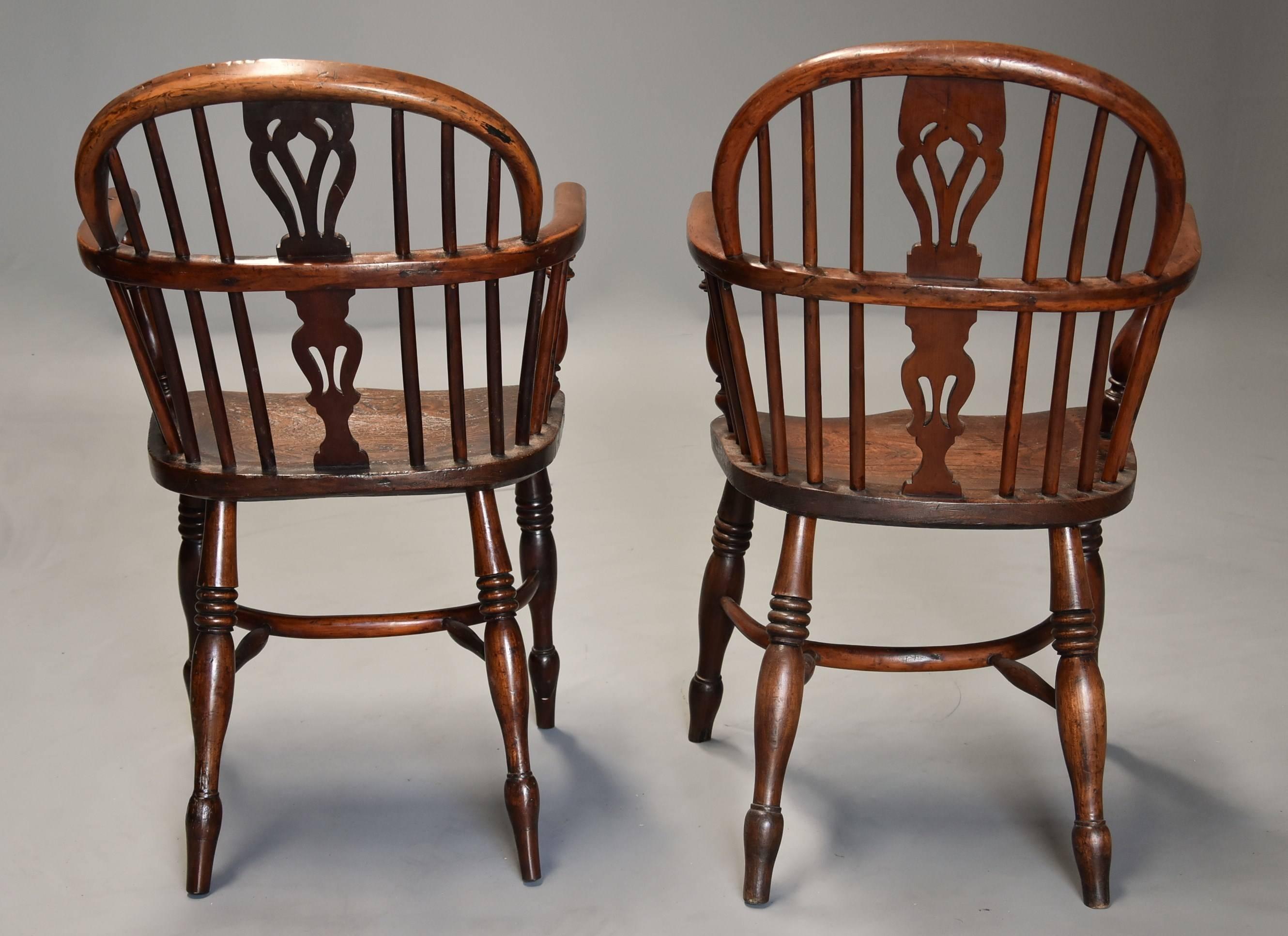 Mid-19th Century Well Matched Set of Six Yew Wood Low Back Windsor Armchairs For Sale 5