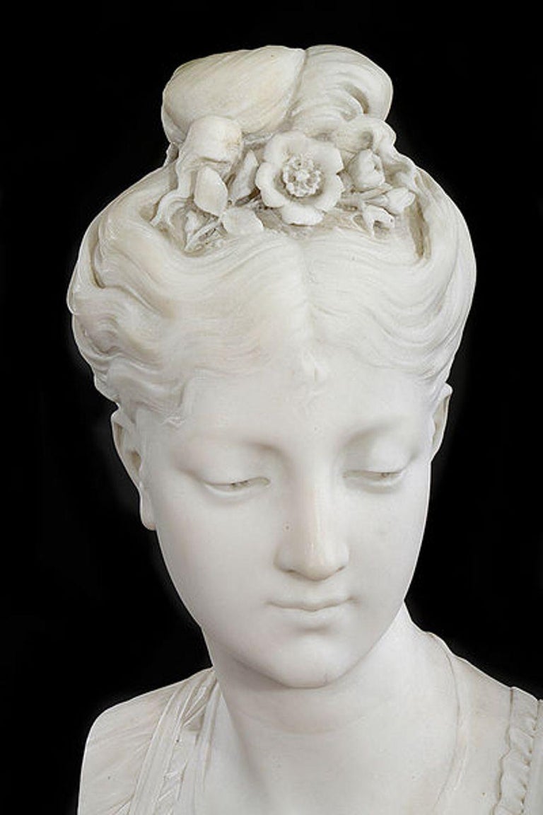 Mid19th Century White Marble Bust of a Young Woman, R. Bulens For Sale