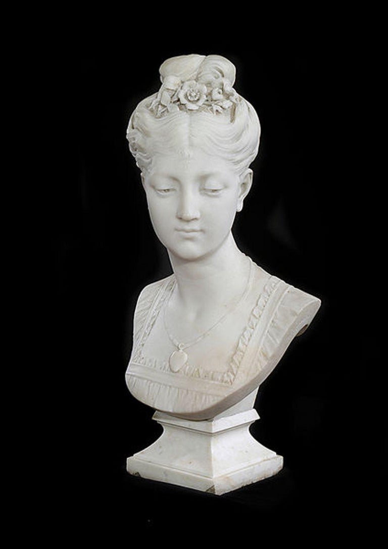 Mid19th Century White Marble Bust of a Young Woman, R. Bulens For Sale