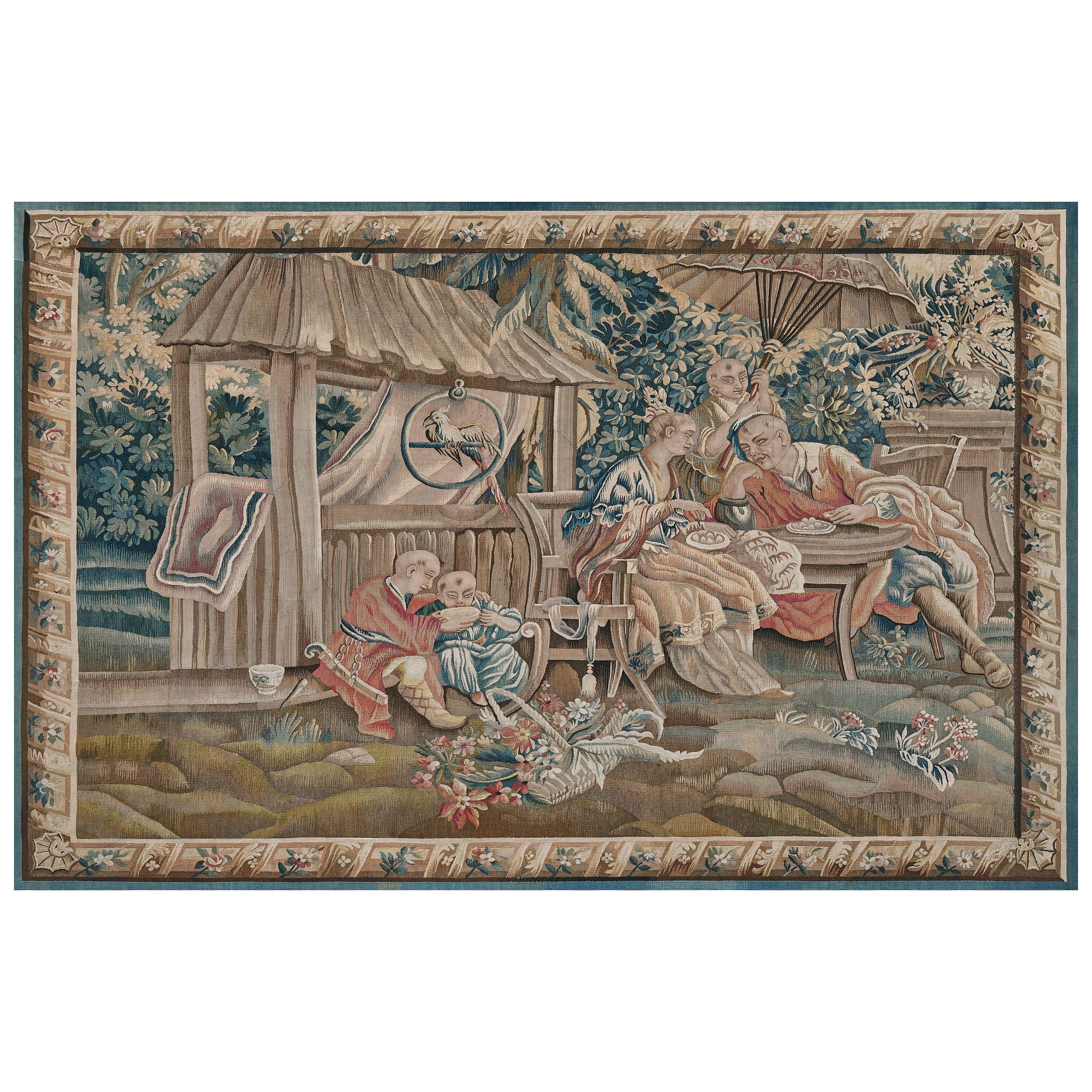 Französischer Chinoisere-Wandteppich aus Wolle und Seide aus der Mitte des 19.