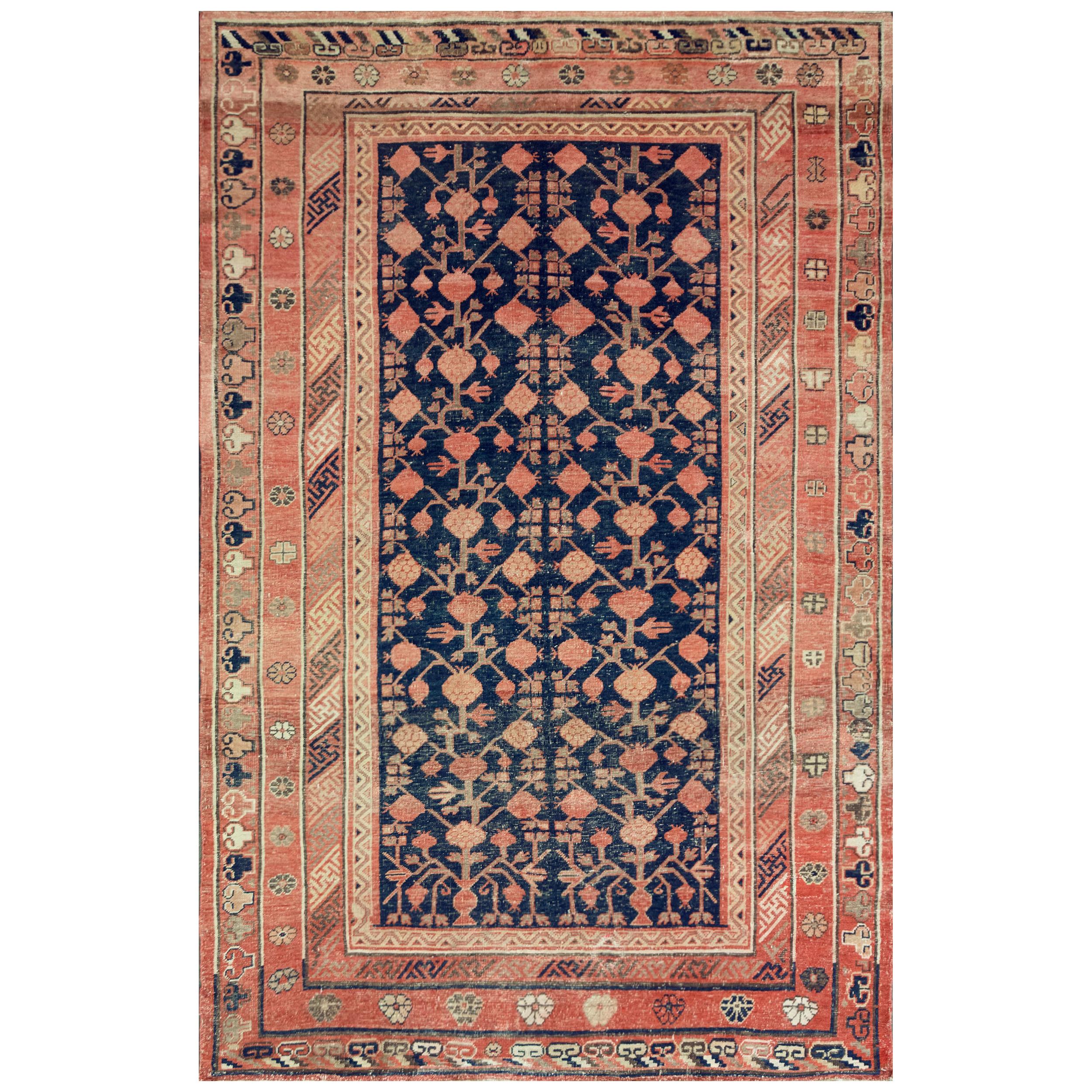 Mid 19th Century Wool Handwoven Khotan Rug For Sale