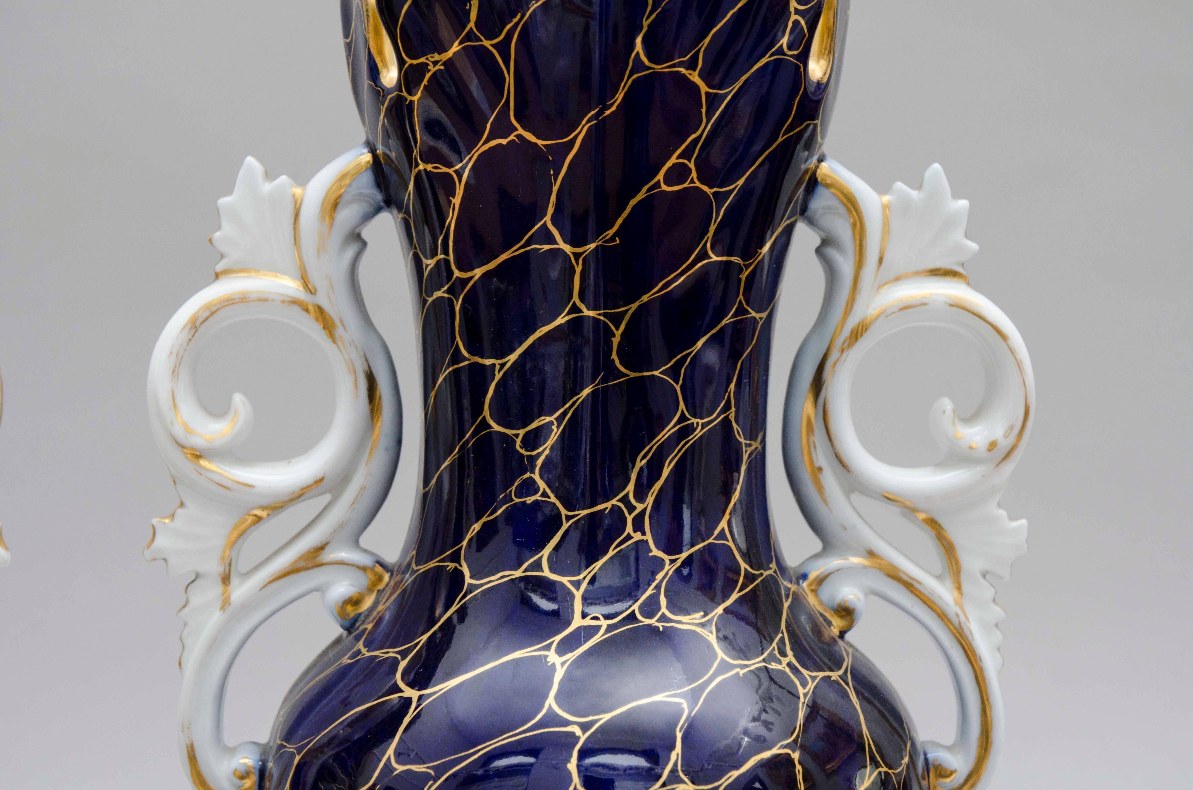 Mid-19th Century, Cobalt Bleu and Flowers, Porcelain Vases, Valentine, France For Sale 4