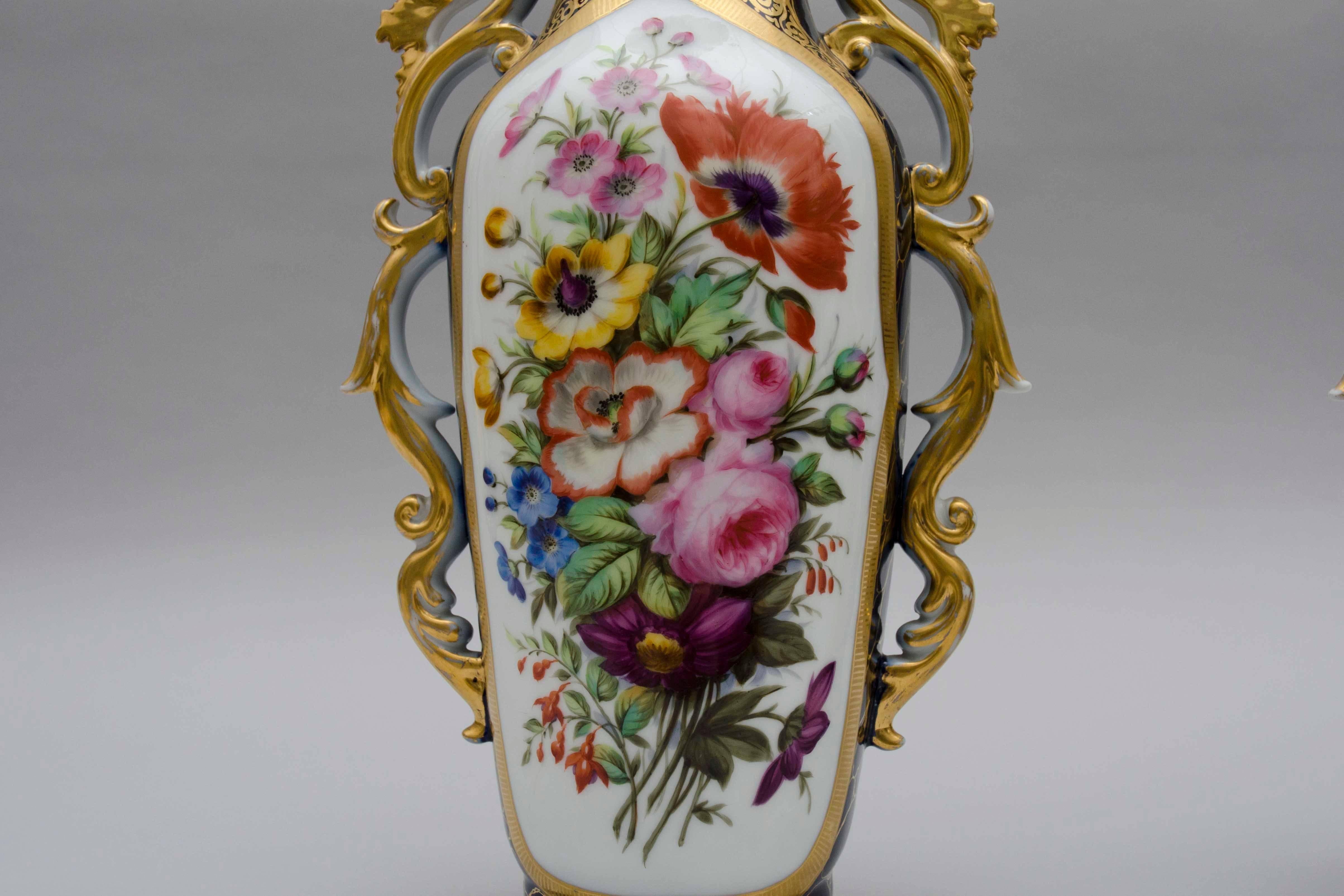 French Mid-19th Century, Cobalt Bleu and Flowers, Porcelain Vases, Valentine, France For Sale