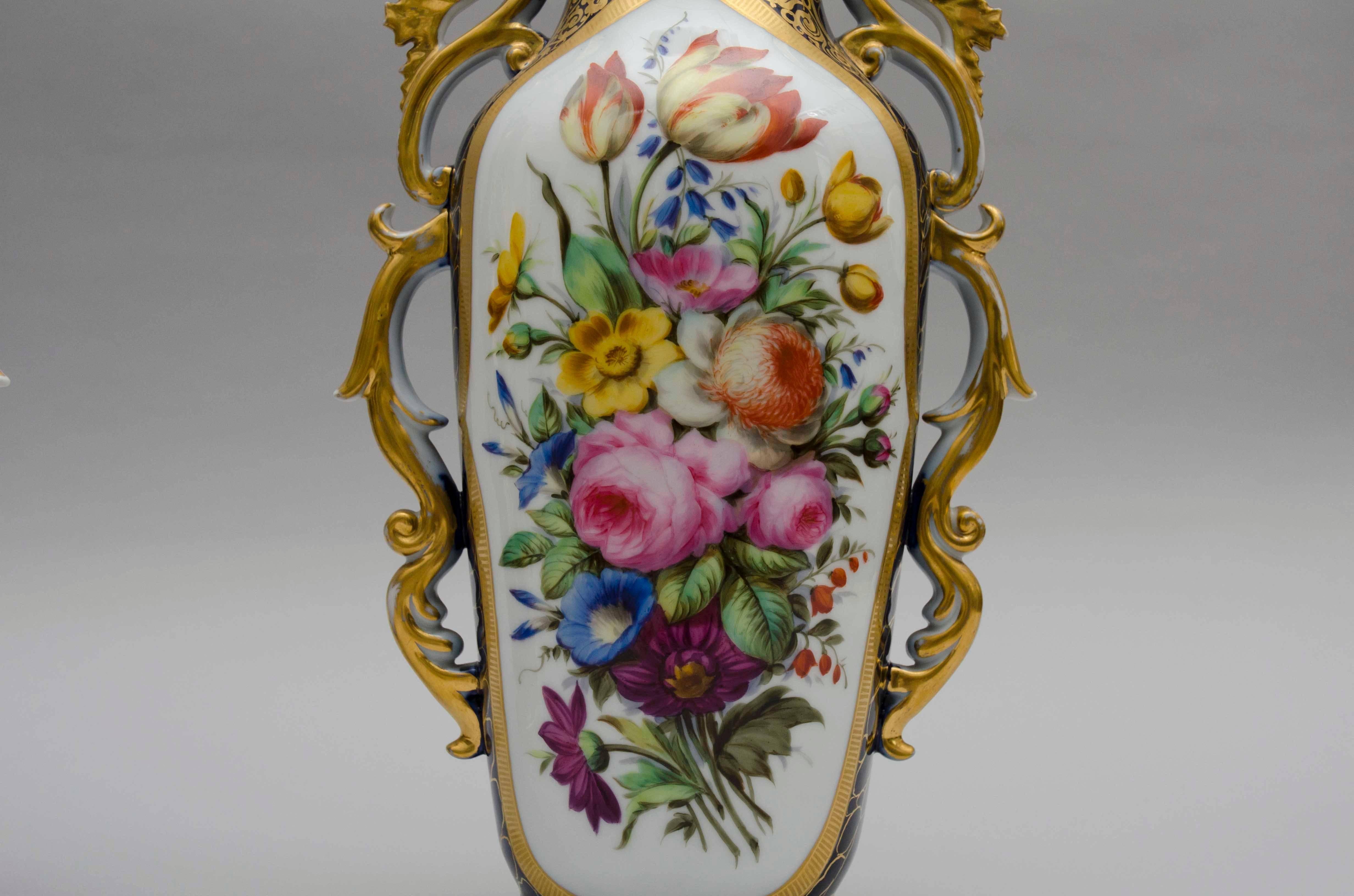 Glazed Mid-19th Century, Cobalt Bleu and Flowers, Porcelain Vases, Valentine, France For Sale