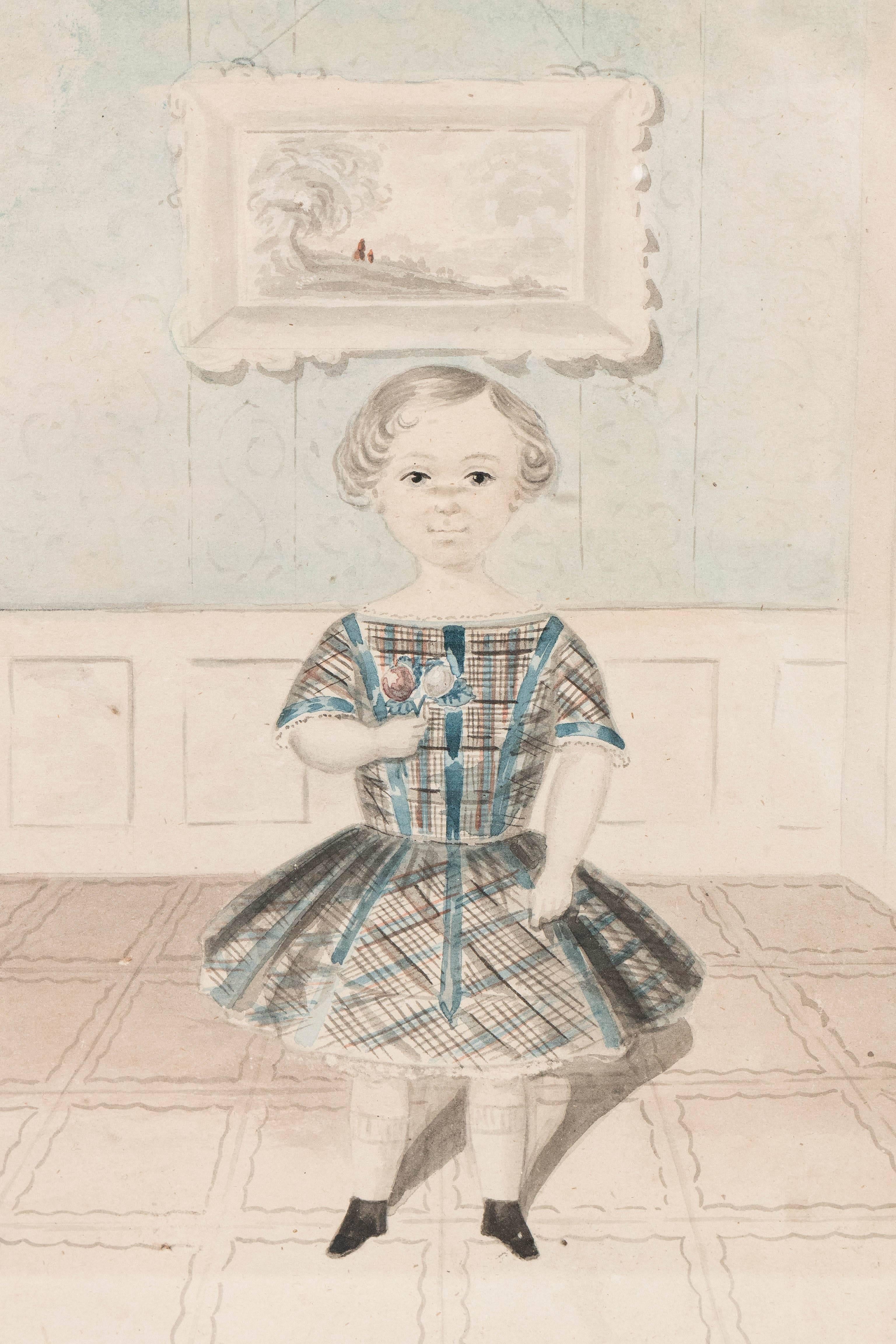 Made circa 1840, this English watercolor painting on paper shows a charming young girl in a plaid dress. 
 Her hair is cut short with curls all around. Her dress is colored blue and grey with fine red lines. 
The style of her dress and hair are