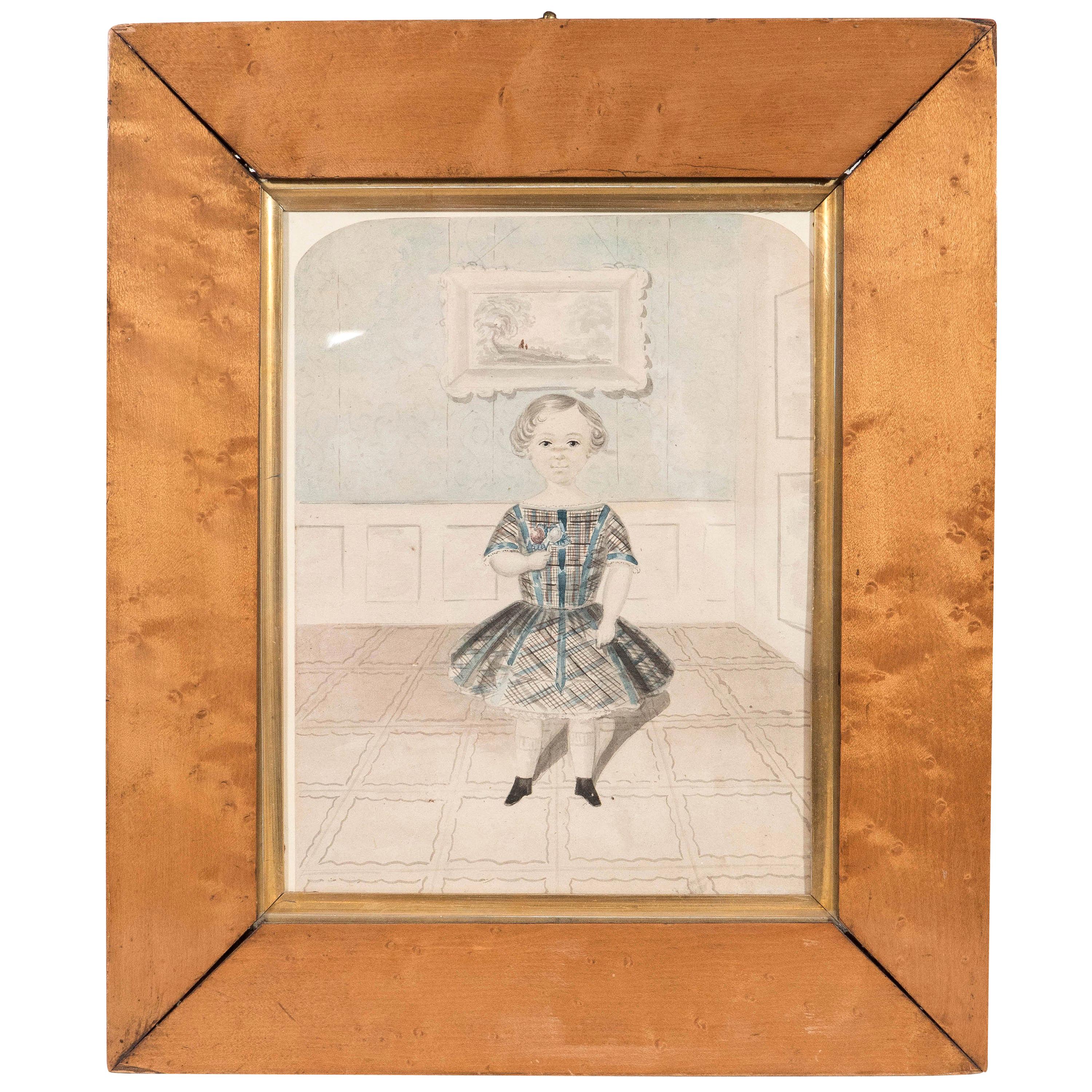 Watercolor Painting of a Young Girl England Mid 19th Century  For Sale