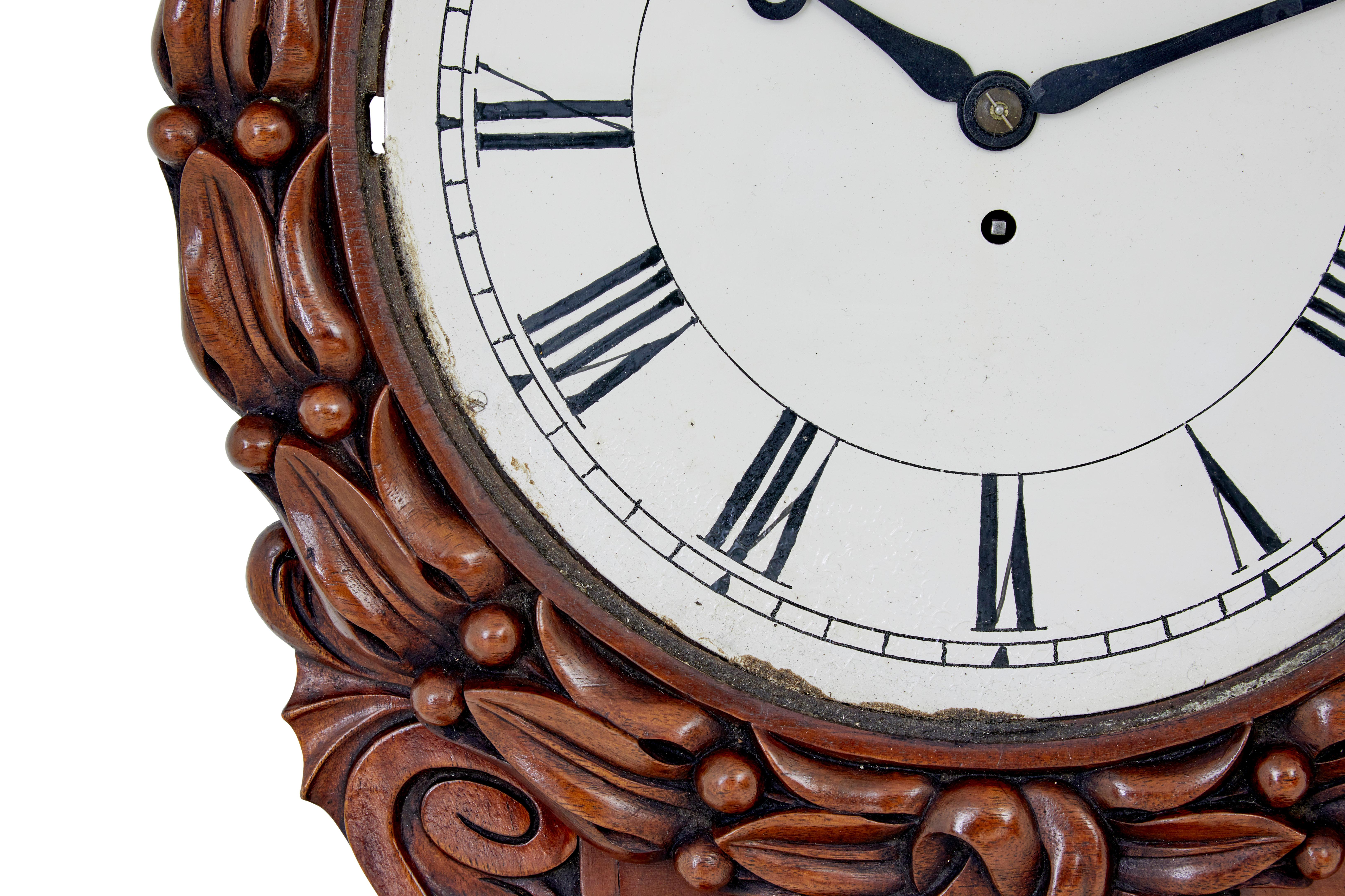 High Victorian Mid 19th Victorian century carved mahogany fusee wall clock For Sale