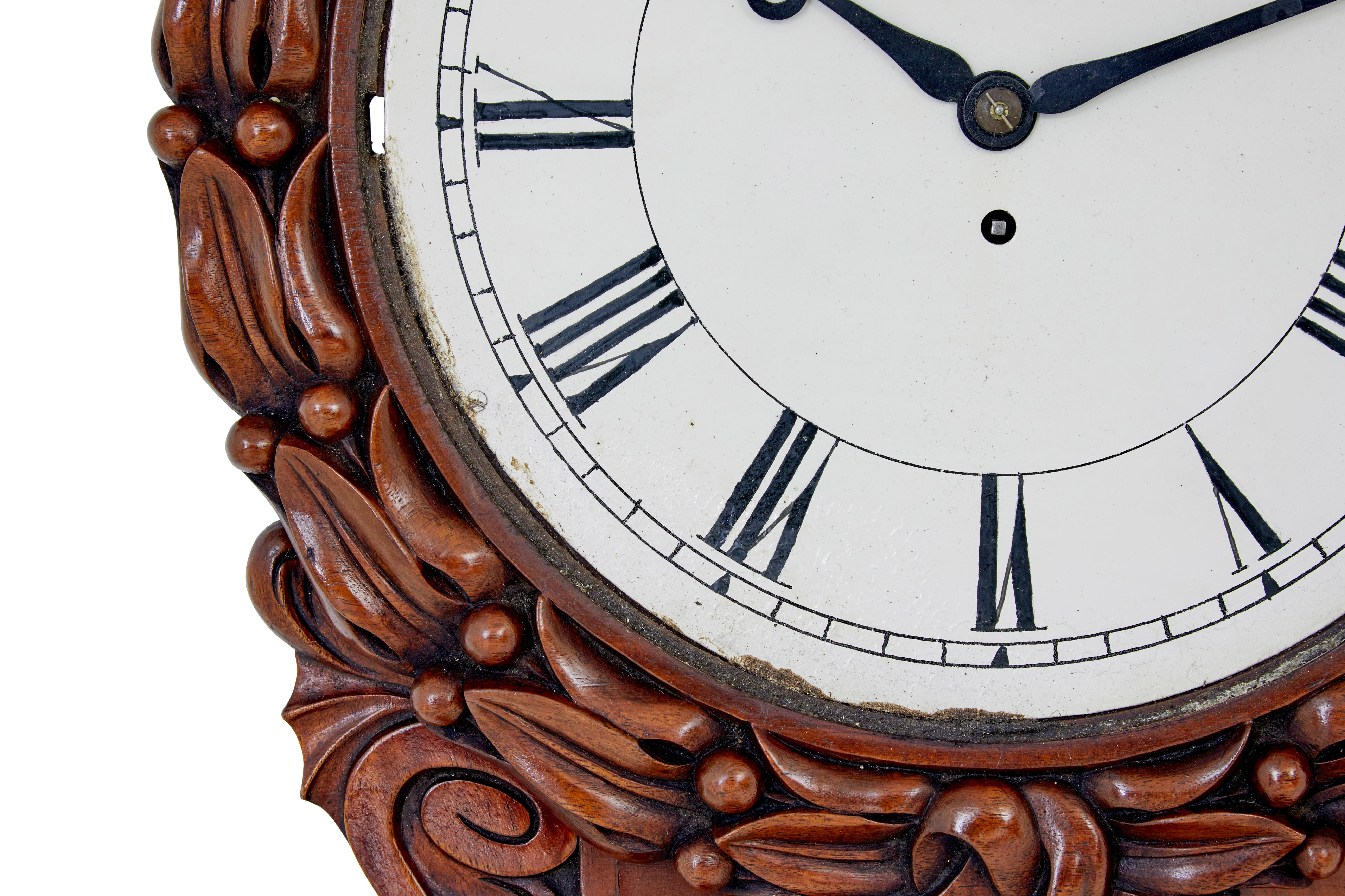 English Mid 19th Victorian century carved mahogany fusee wall clock For Sale