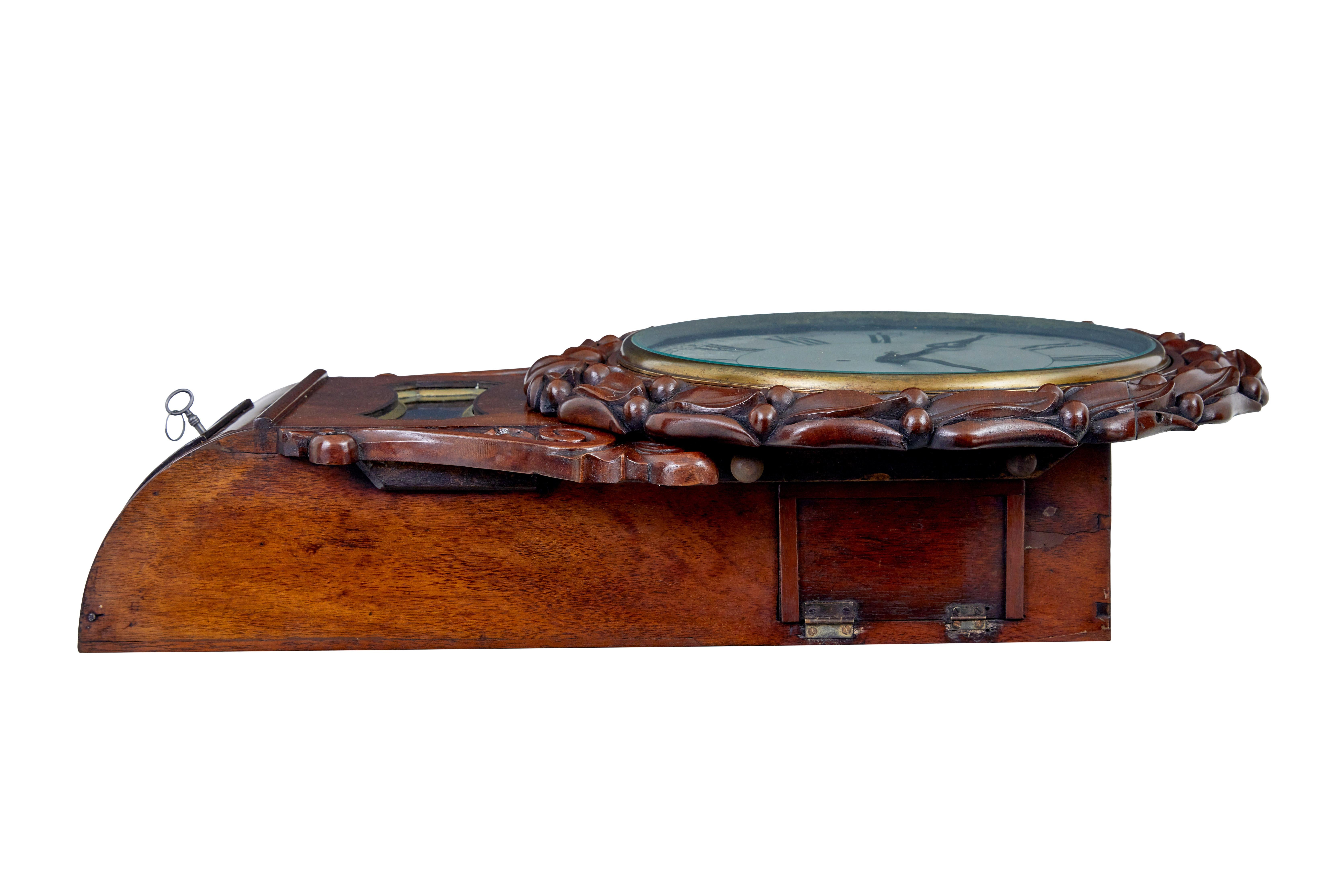 Hand-Carved Mid 19th Victorian century carved mahogany fusee wall clock For Sale
