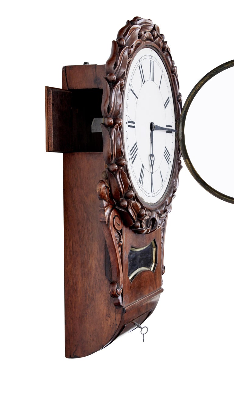 Mid-19th Century Victorian Carved Mahogany Fusee Wall Clock In Good Condition For Sale In Debenham, Suffolk