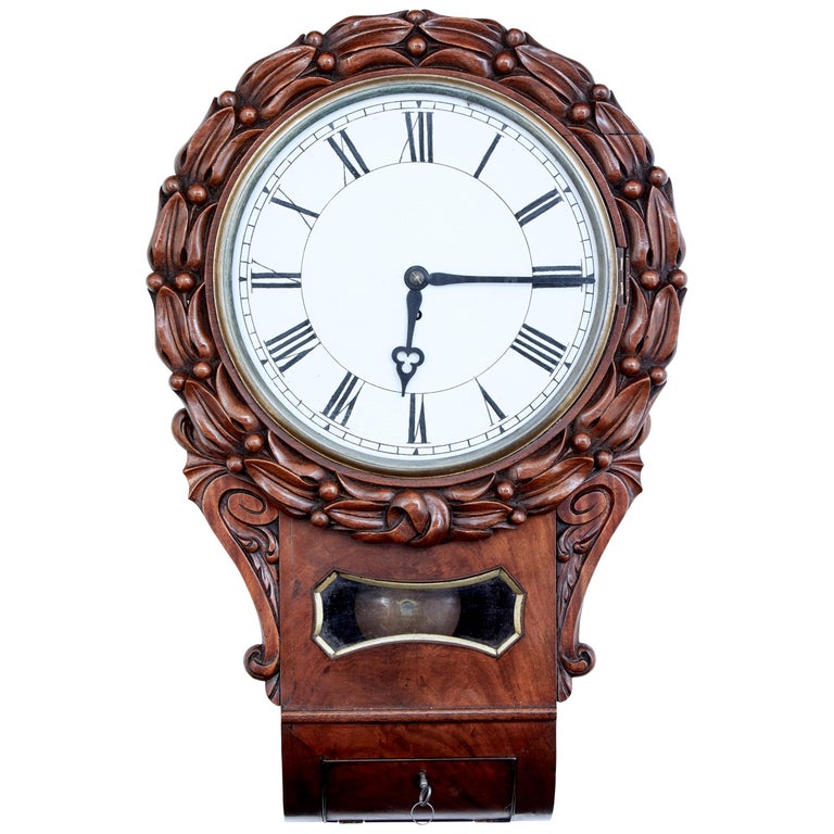 Mid-19th Century Victorian Carved Mahogany Fusee Wall Clock For Sale