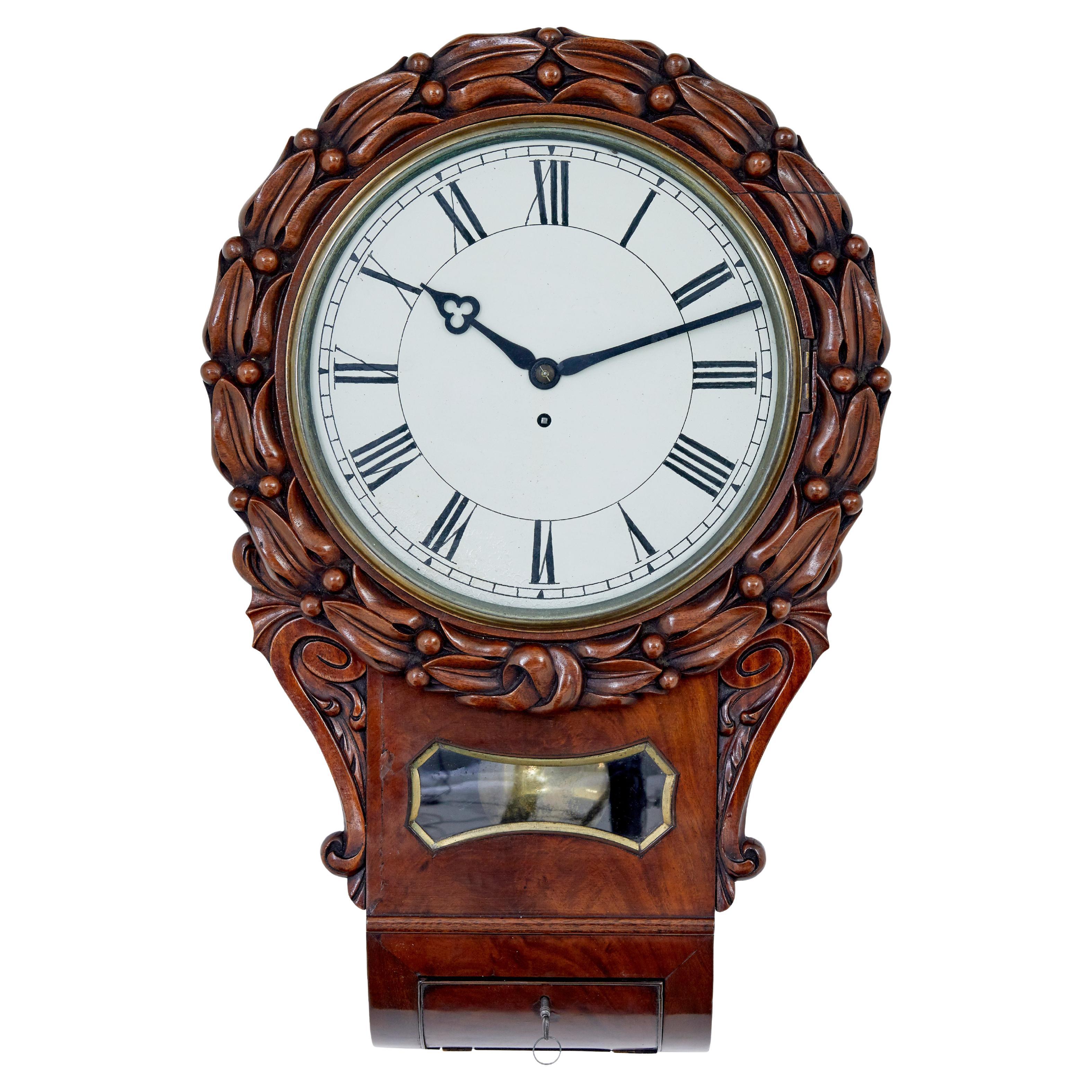 Mid 19th Victorian century carved mahogany fusee wall clock For Sale