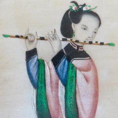 Mid 19thC. Chinese Pith Painting of A Female Flautist Framed; Oval Matte C. 1850