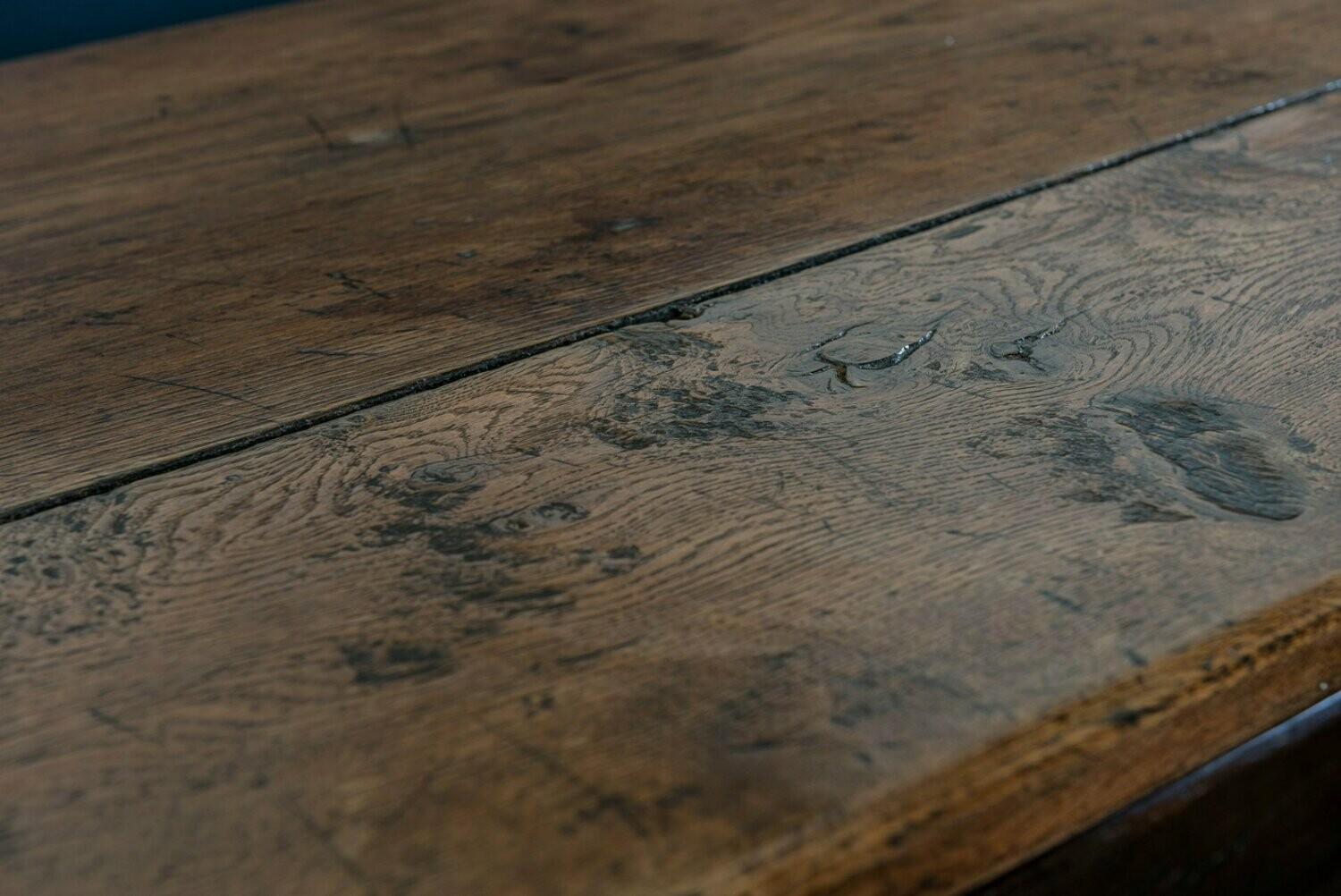 Mid-19th century French 2 plank oak trestle table
Fantastic color and worn patina with lovely burr. Pegged construction, and displaying the makers mark.

Measures: W 183 (6