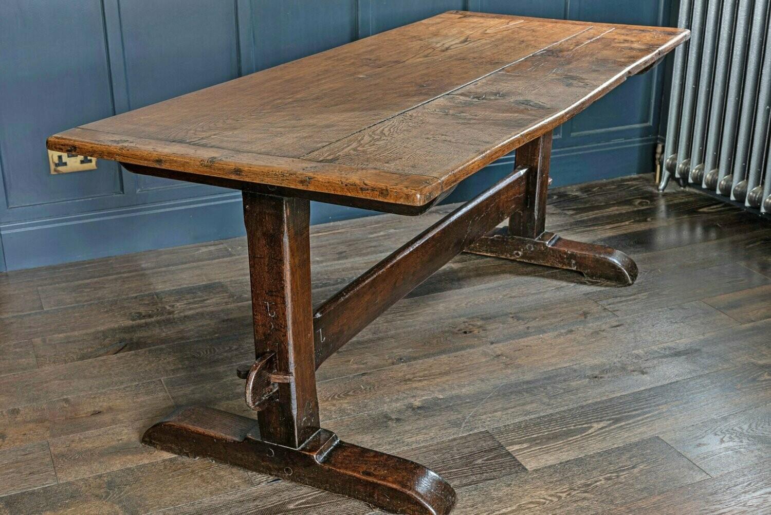 Mid-19th Century French 2 Plank Oak Trestle Table In Fair Condition In Staffordshire, GB