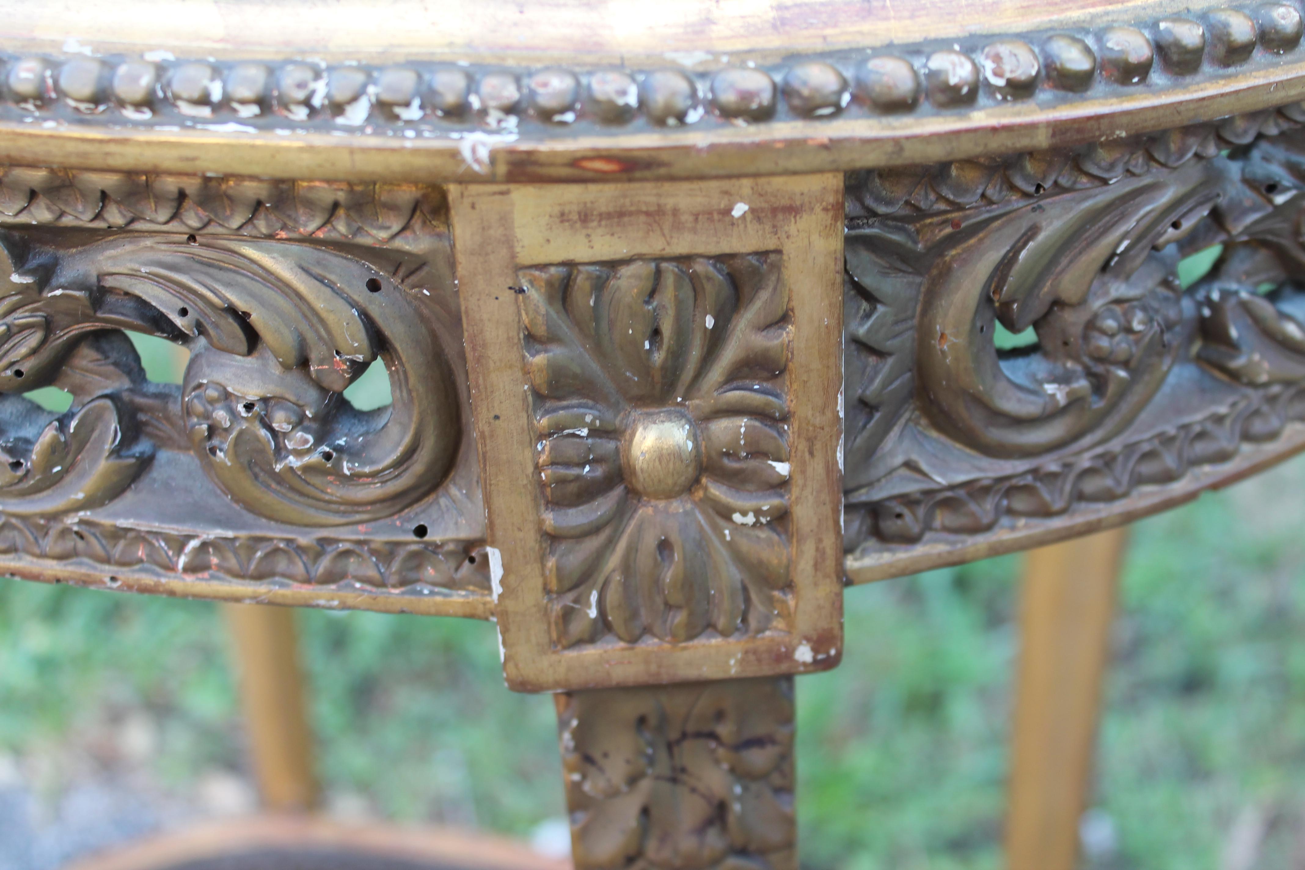 Mid 19thc French Louis XVI Heavily Carved and Gilded  Accent Table with Marble  For Sale 2