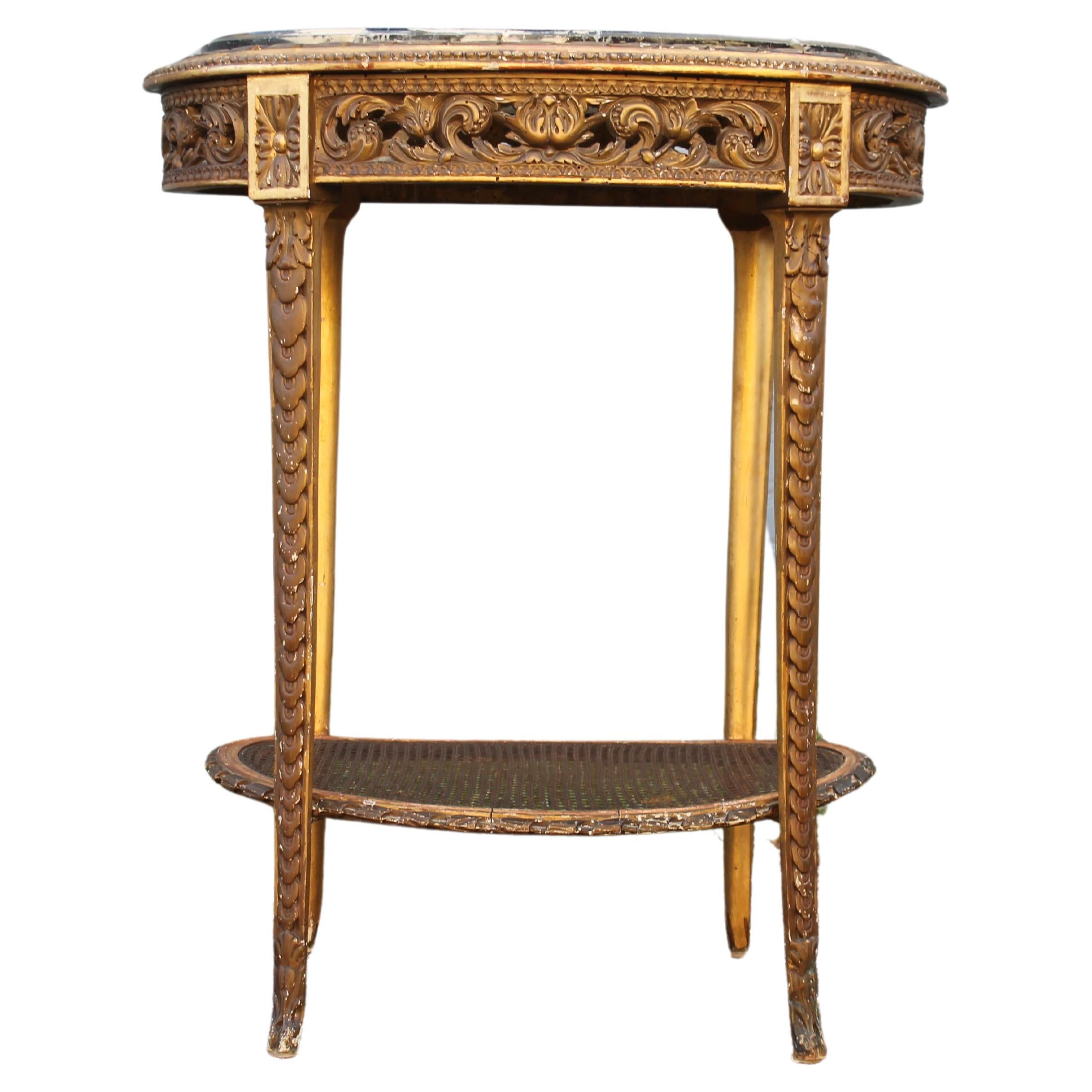 Mid 19thc French Louis XVI Heavily Carved and Gilded  Accent Table with Marble  For Sale