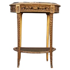 Antique Mid 19thc French Louis XVI Heavily Carved and Gilded  Accent Table with Marble 