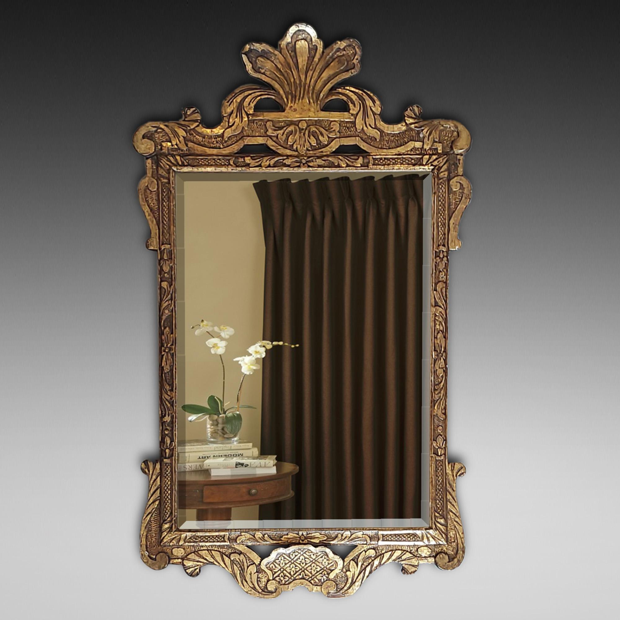 Mid 19thC Giltwood Mirror by Robert Strahan - Dublin - with Carved Frame, Feather Pediment and Bevelled Plate - 18
