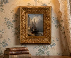 Pittura ad olio originale della metà del XIX secolo di Marin, Barche sulla riva costiera