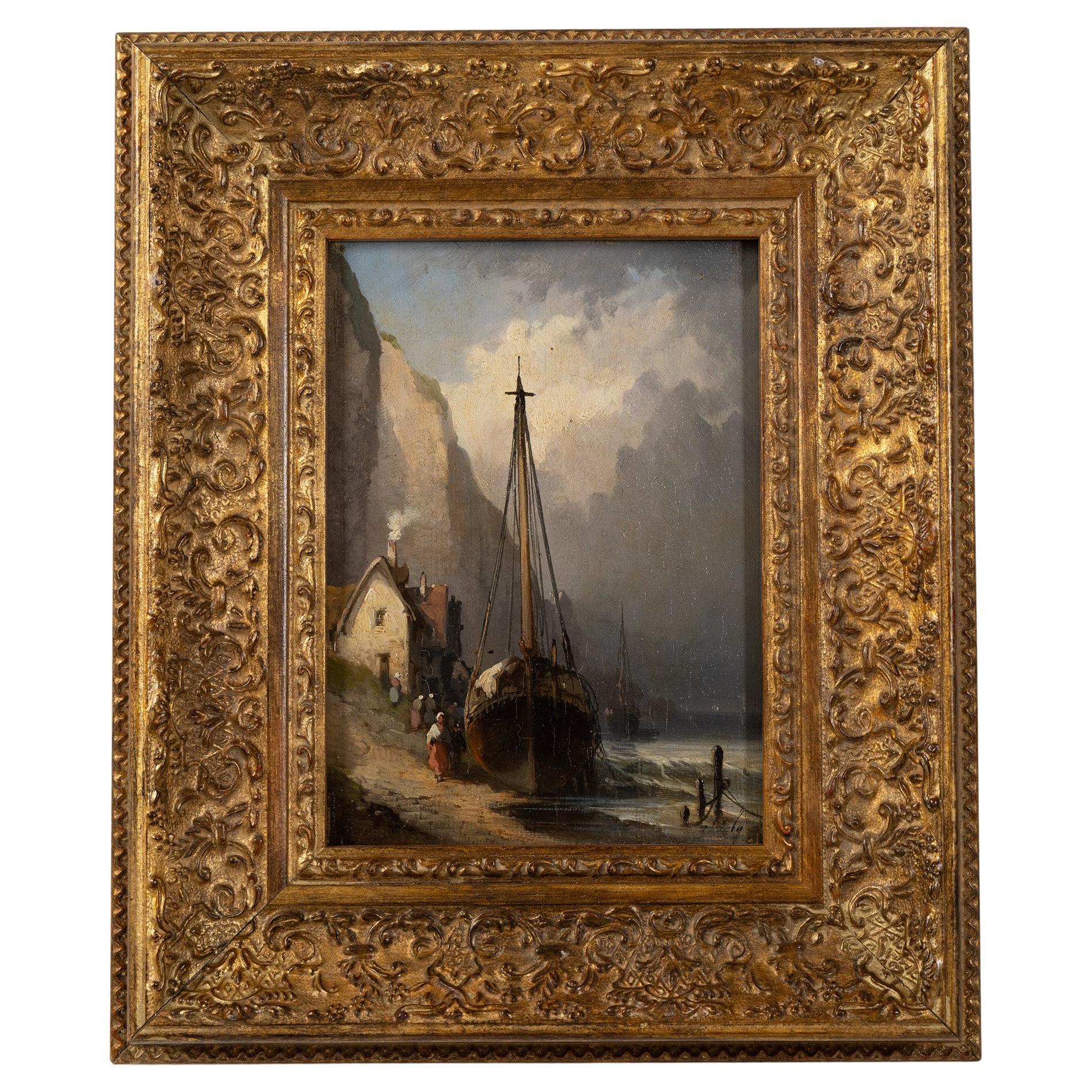 Mid 19thC Original French Marine Oil Painting, Boats on the Shore Coastal