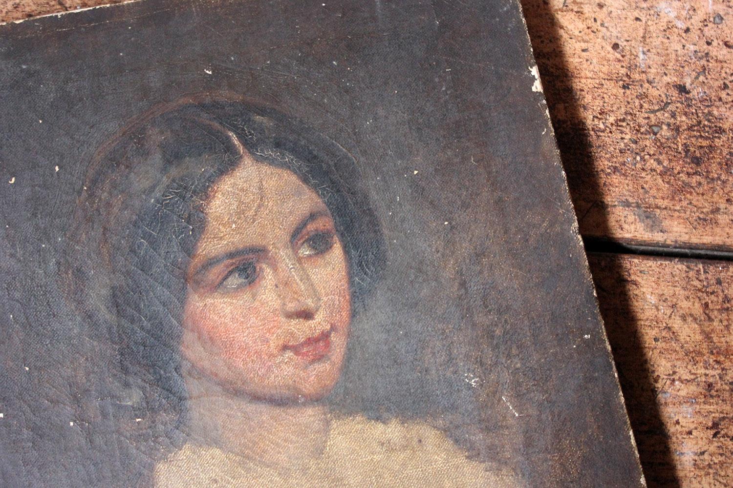 Hand-Painted Mid-19th Century Unfinished English School Portrait of a Young Lady