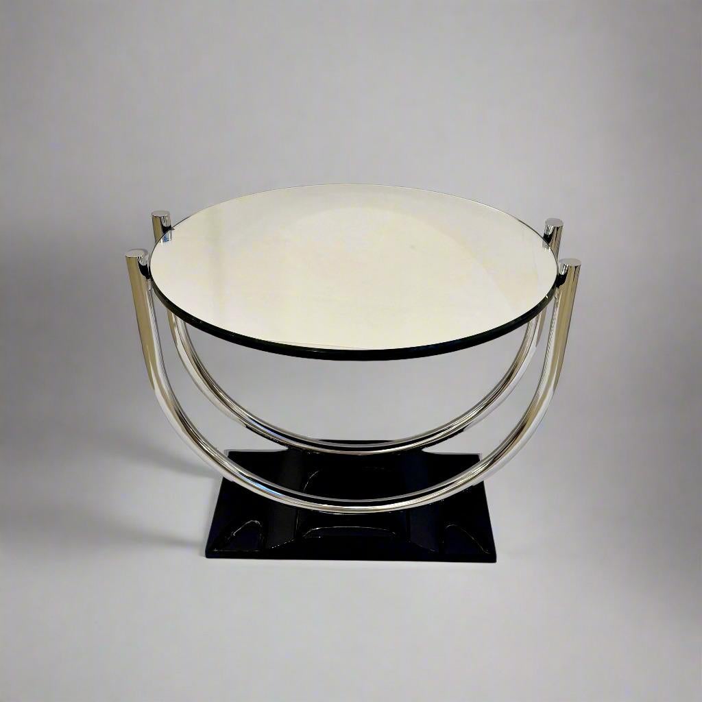 Mirror Mid-20 Century French Art Deco Round Chrome Black Side Table For Sale