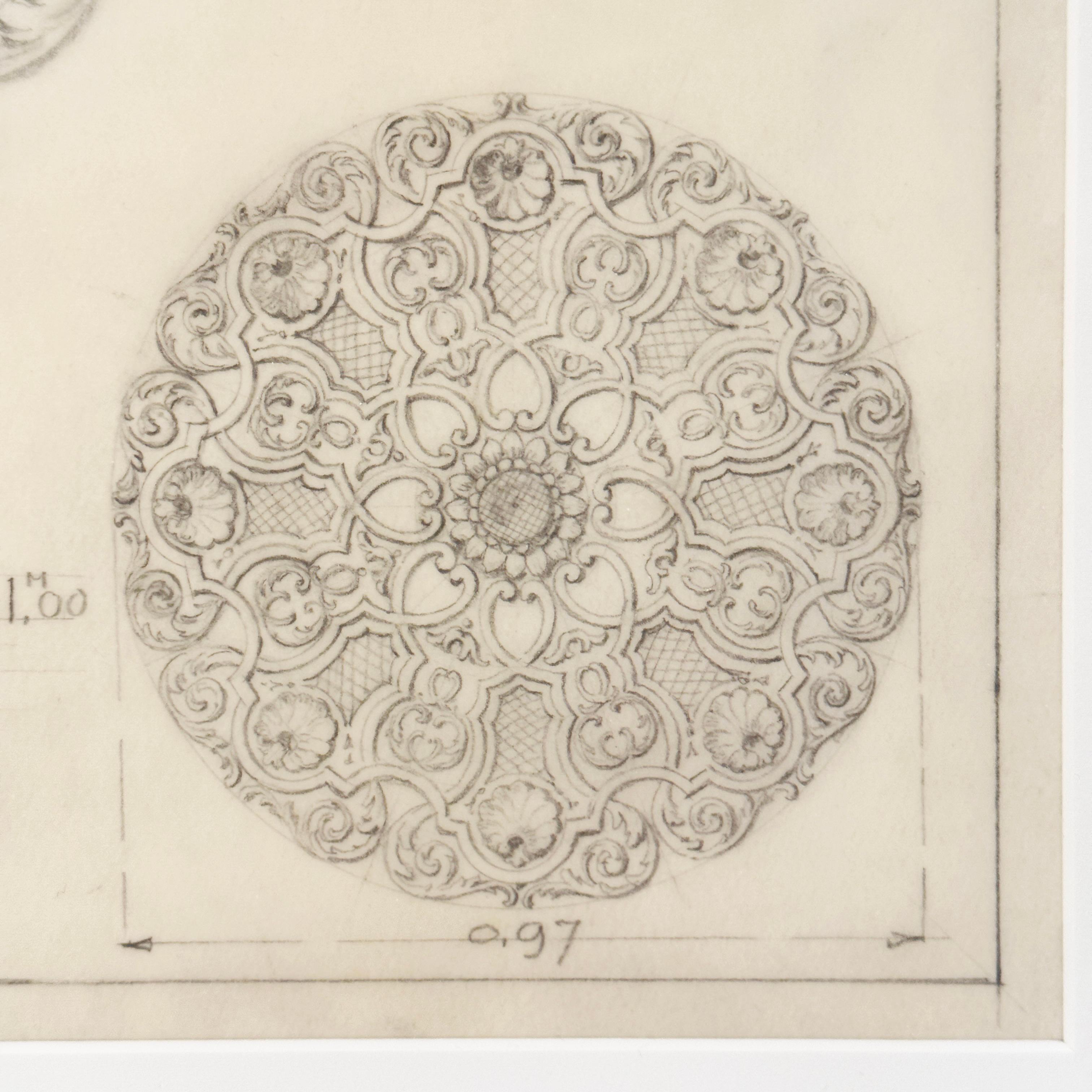 Hand-Painted Mid-20 Century Original Maison Jansen Architectural Detail Pencil Drawing For Sale