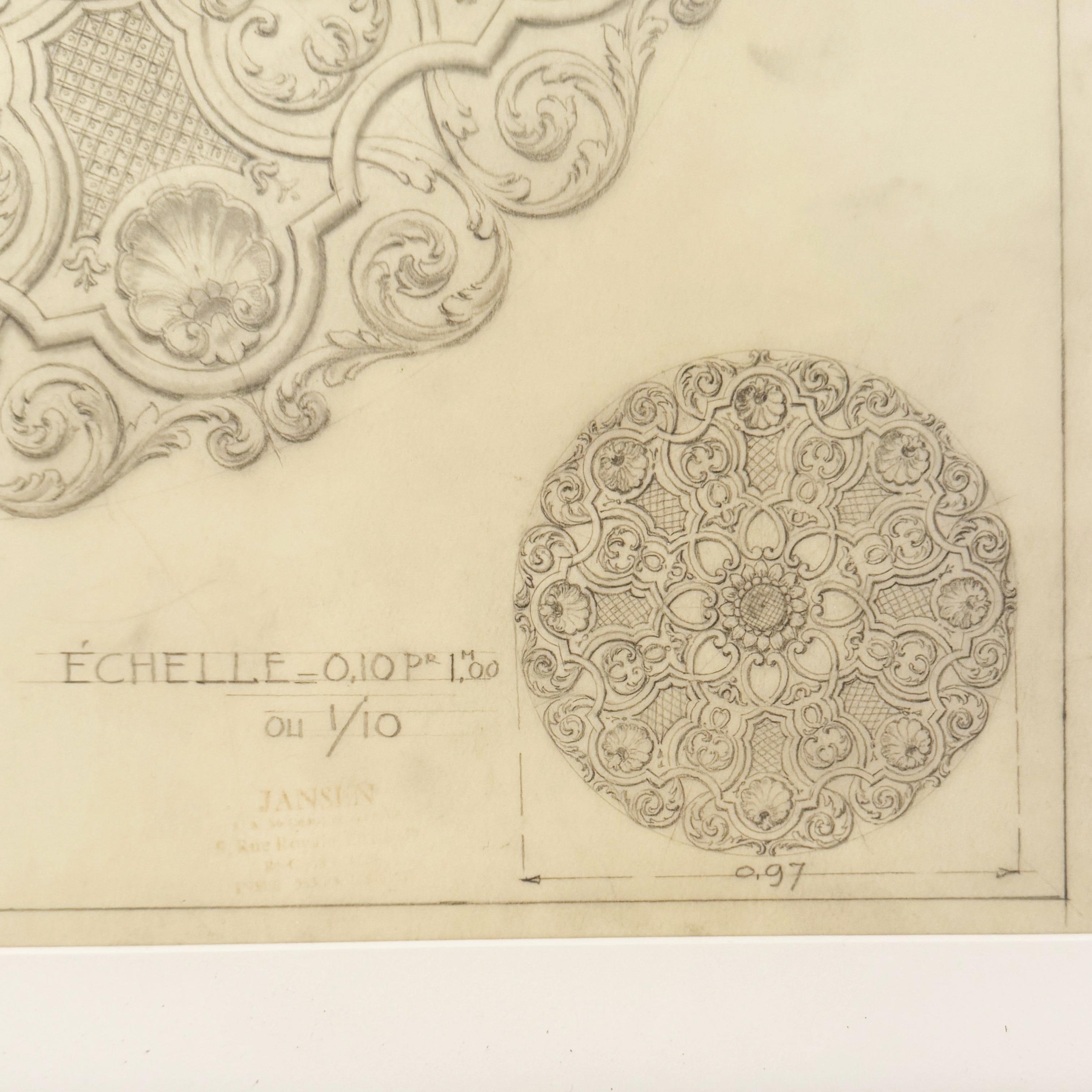 Mid-20 Century Original Maison Jansen Architectural Detail Pencil Drawing In Good Condition For Sale In New York, NY