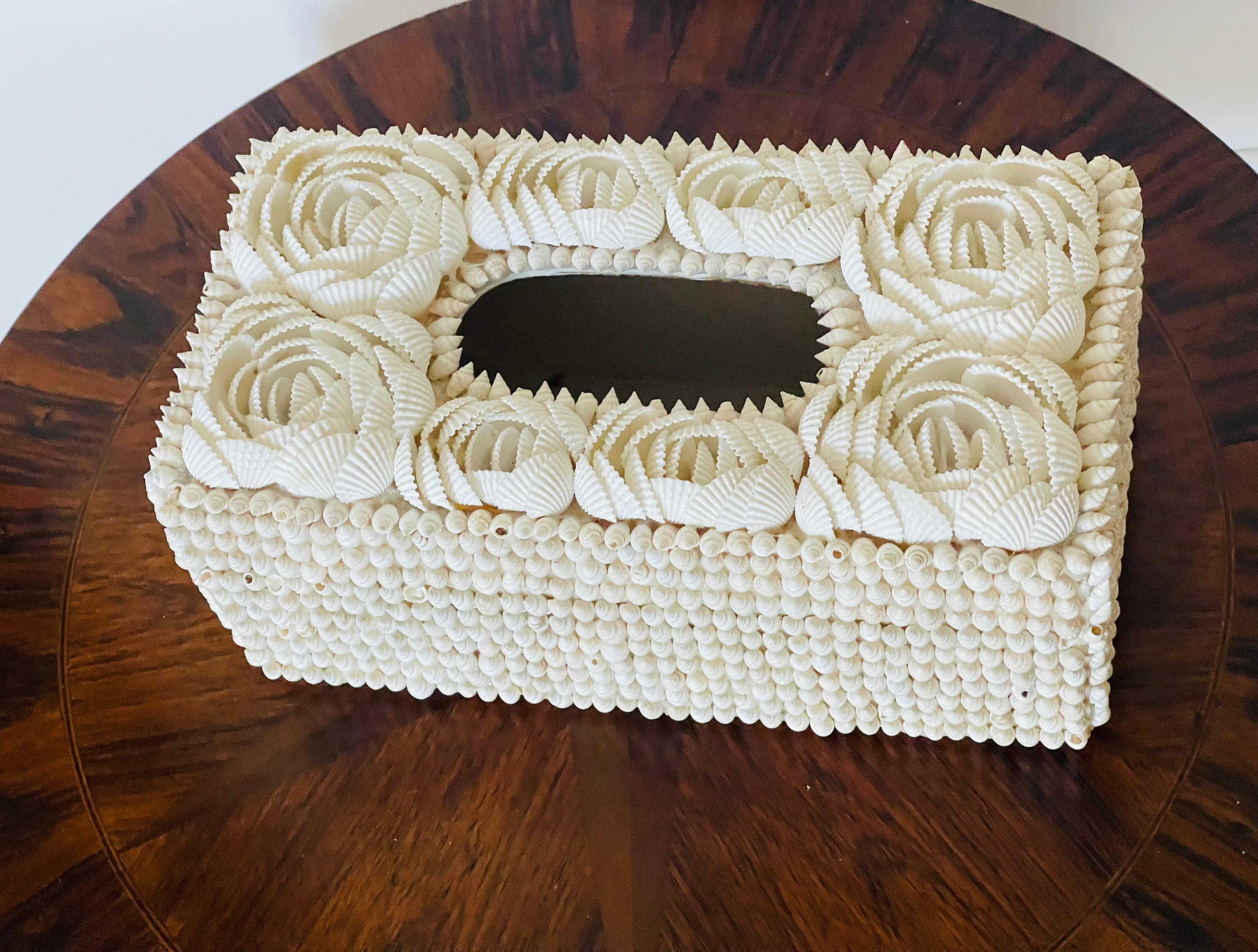 Mid 29!th c Shell encrusted tissue cover box in white shells- roses pattern. Elegant piece of home decor.