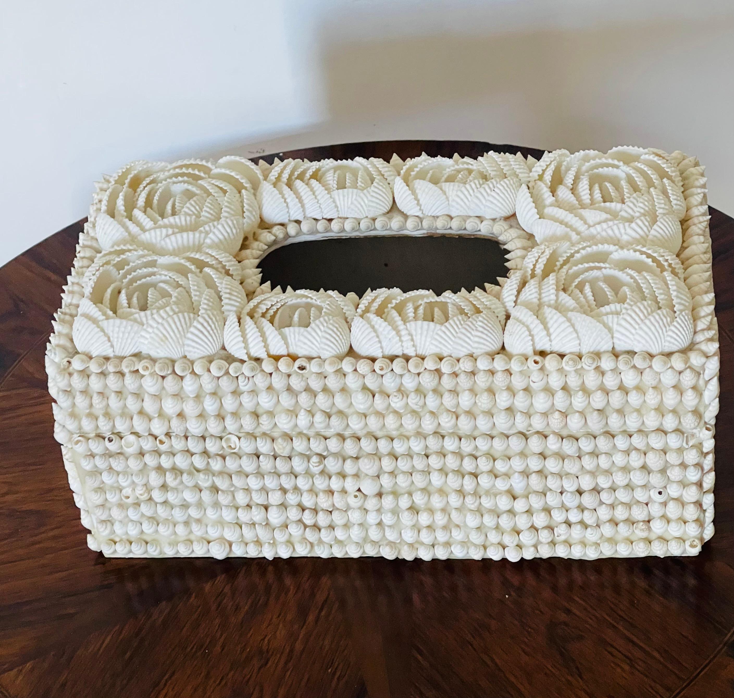 Organic Modern Mid 20 th c Sea Shell Encrusted Tissue Cover Box For Sale