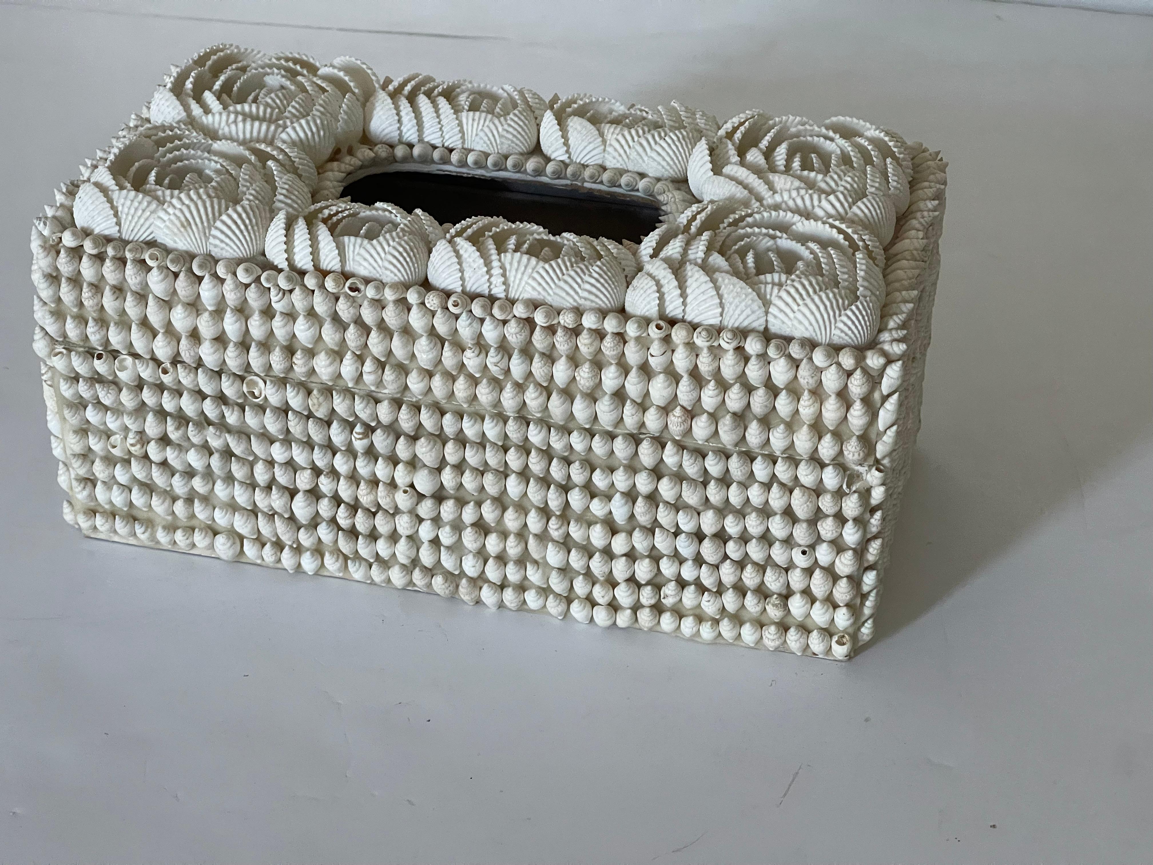 American Mid 20 th c Sea Shell Encrusted Tissue Cover Box For Sale
