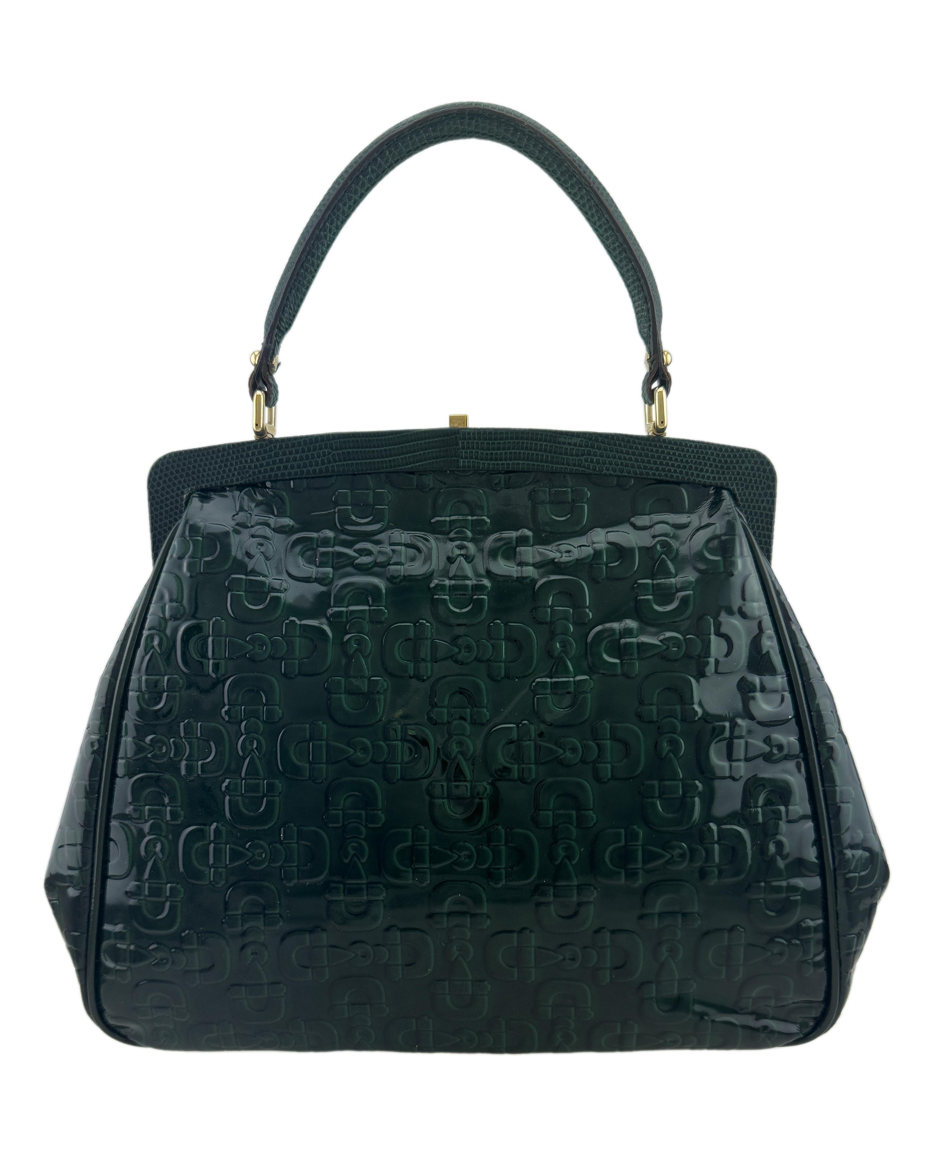 Black Mid 2000's Gucci Dark Green Patent Leather Top Handle 'Glam' Bag