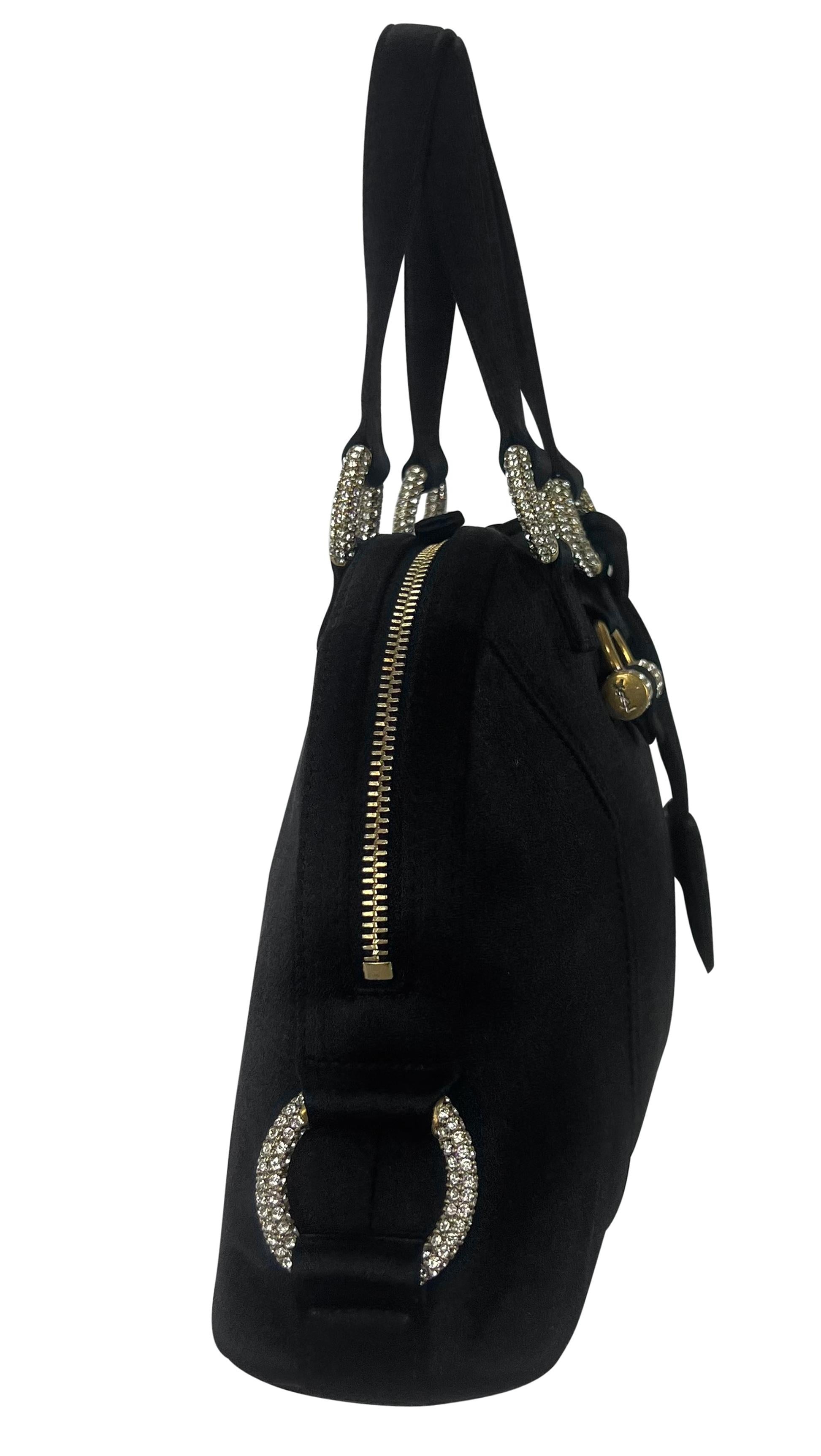 Mid 2000s Yves Saint Laurent Black Silk Satin Mini Rhinestone Muse Evening Bag For Sale 1