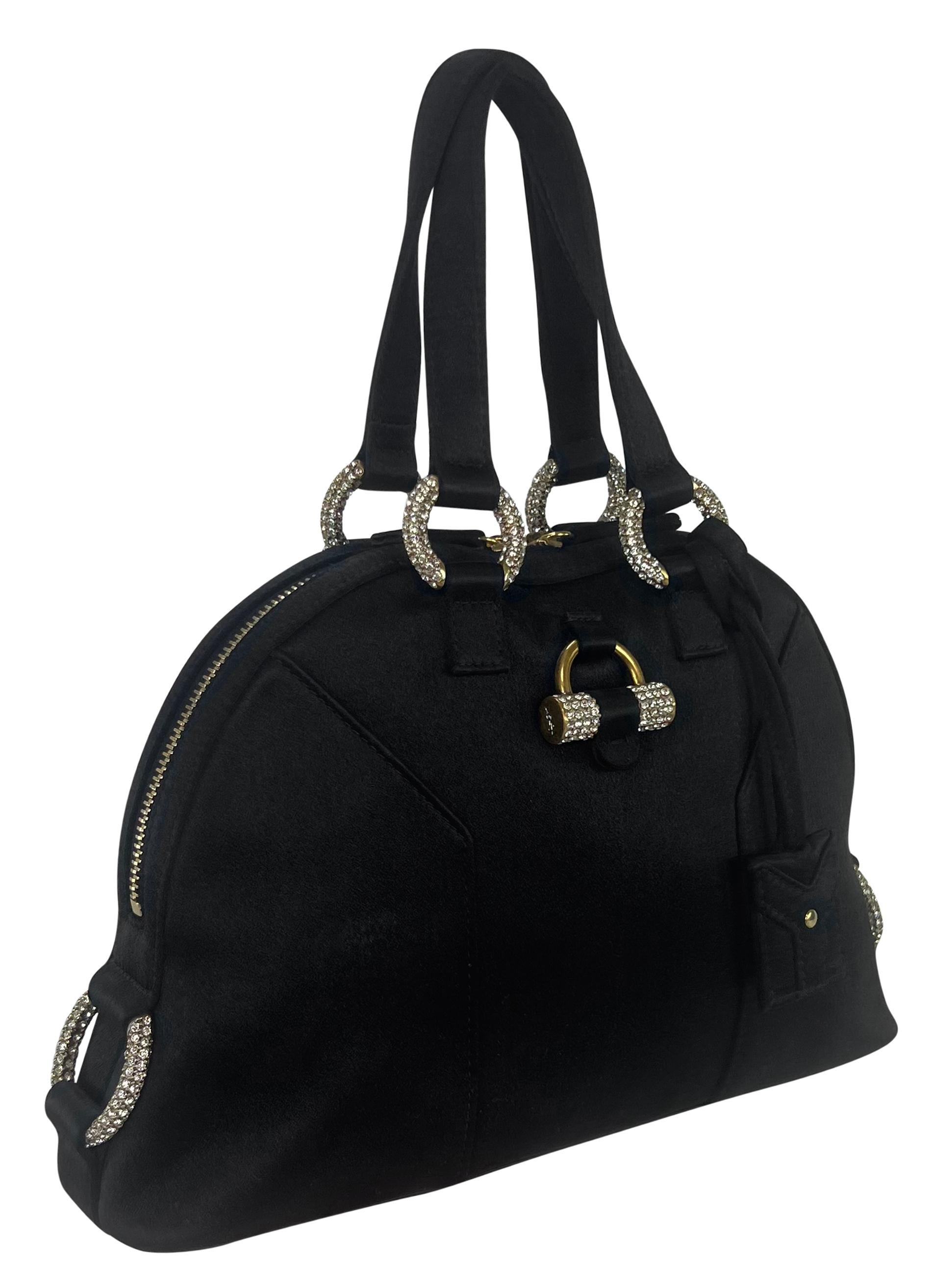 Mid 2000s Yves Saint Laurent Black Silk Satin Mini Rhinestone Muse Evening Bag For Sale 2