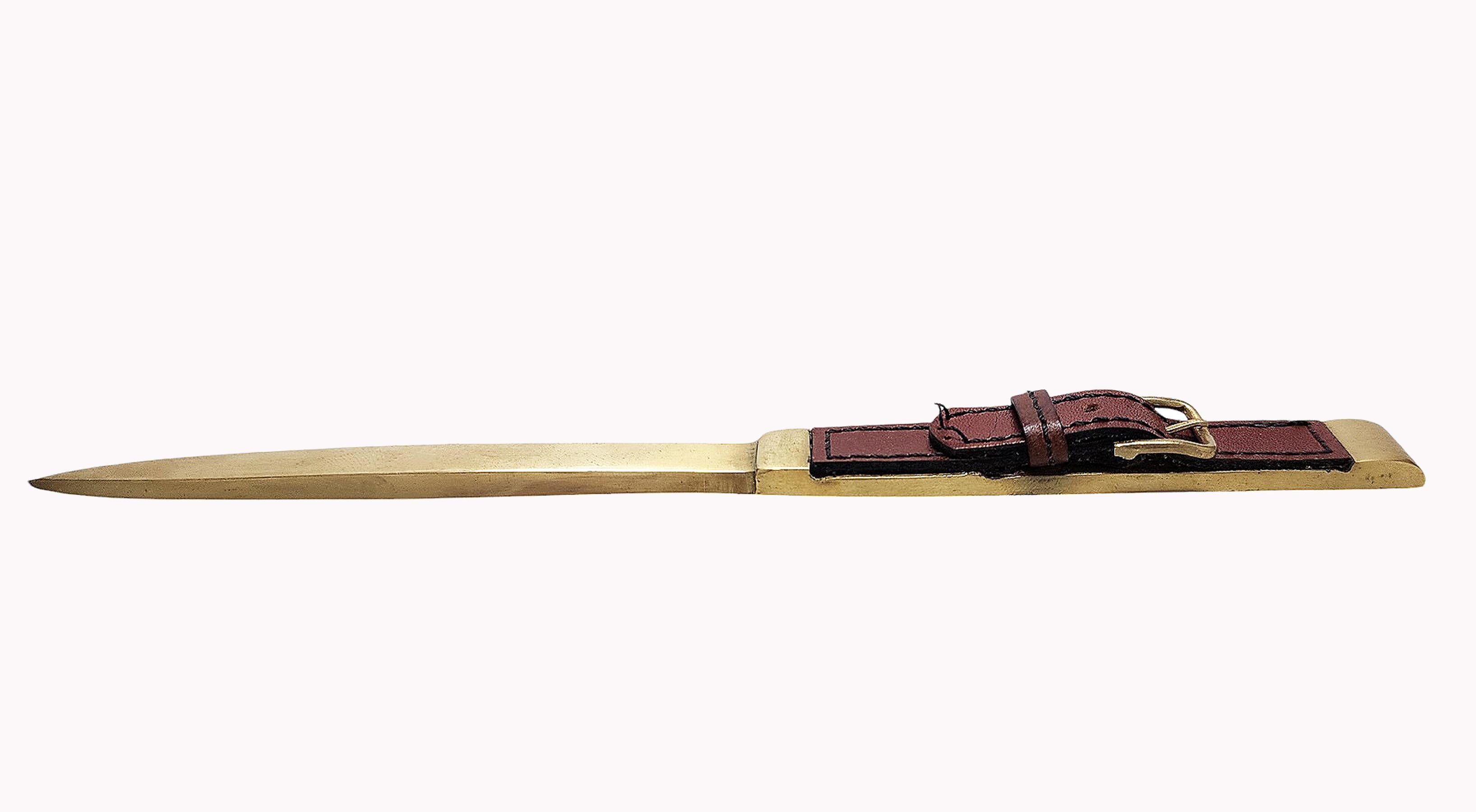 Mid-Century Modern Mid-20h Century Golden Brass and Leather Letter Opener/Knife by Hermès, France For Sale