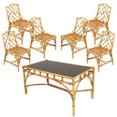 Mid-20th Century Six Rattan Bamboo Chinese Chippendale Style Chairs and Table