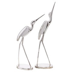 Mid 20th C. a Pair of Curtis Jeré Style Polished Chrome Sculptures of Cranes